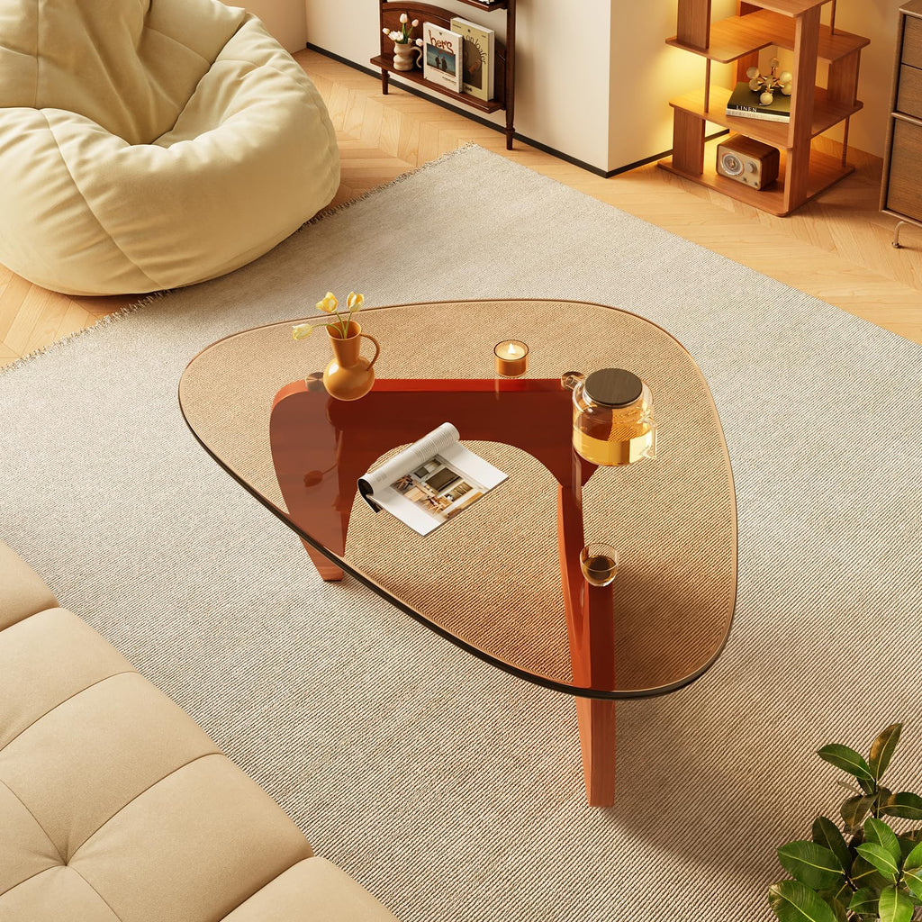 Coffee Tables Glass Small Farmhouse Coffee Table Mid-Century Modern Wood Center Table for Living Room, Walnut Transparent, 32 Inch