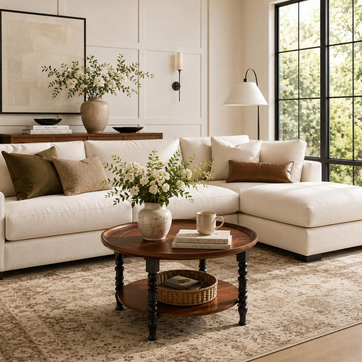 Saint Mossi French Country Coffee Table for Living Room, Mid-Century Modern Round Coffee Table, 2-Tier Wood Center Table, Wanlut Wood Top and French Style Table Legs