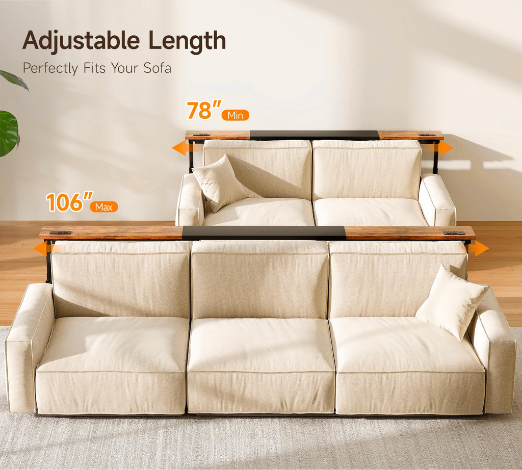 106"-157" Adjustable Length Behind Couch Sofa Table with 3 Power Outlets