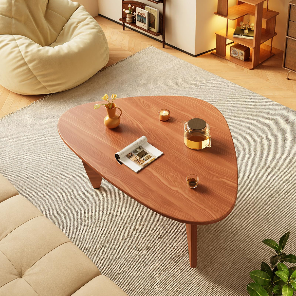 Coffee Tables Glass Small Farmhouse Coffee Table Mid-Century Modern Wood Center Table for Living Room, Walnut Transparent, 32 Inch