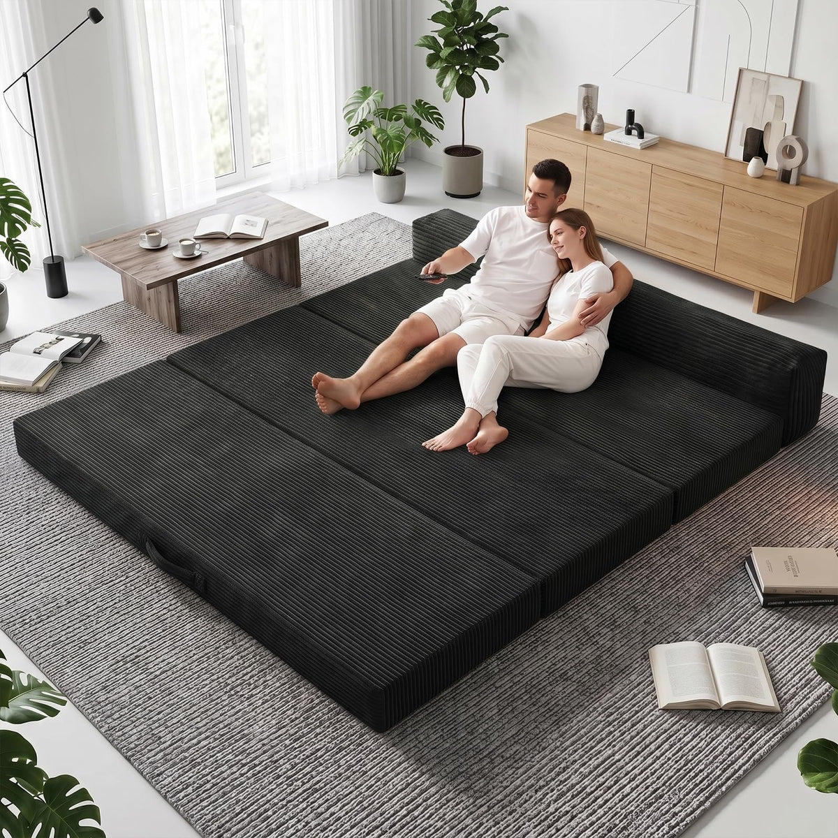 JUIKURY 6 Inch Tri-Fold Memory Foam Mattress Queen Size, 5 in 1 Convertible Sofa Bed, Foldable Floor Futon Sleeper Couch with Washable Cover & High-Density Foam, Portable Guest Bed for Living Room
