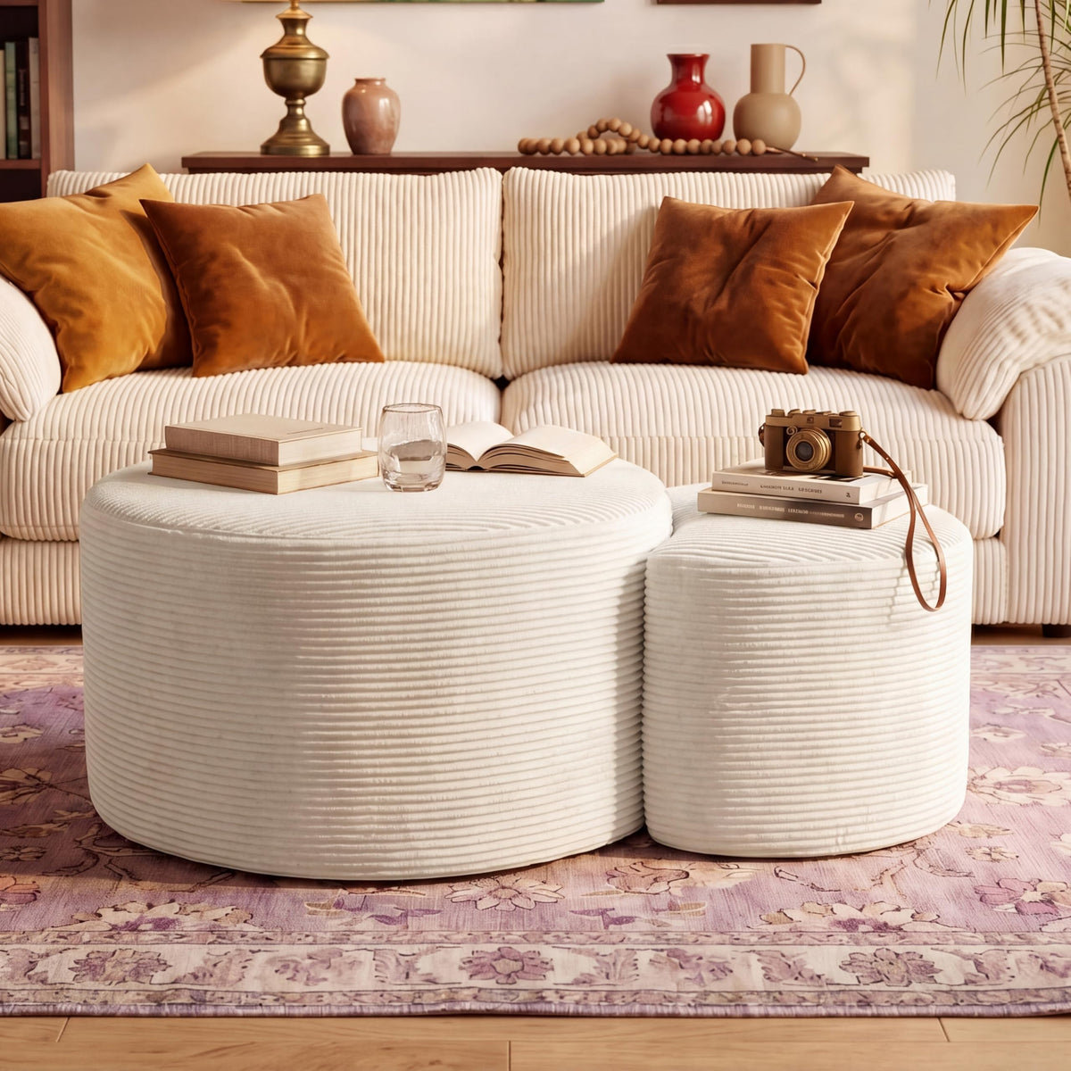 BSHOMGI Nesting Coffee Table Set of 2,Corduroy Ottoman Soft Foot Rest Movable LargePouf Footstool for Living Room Sofa Couch Bedroom Entryway and Small Spaces No Assembly (Blue, 32"+17")