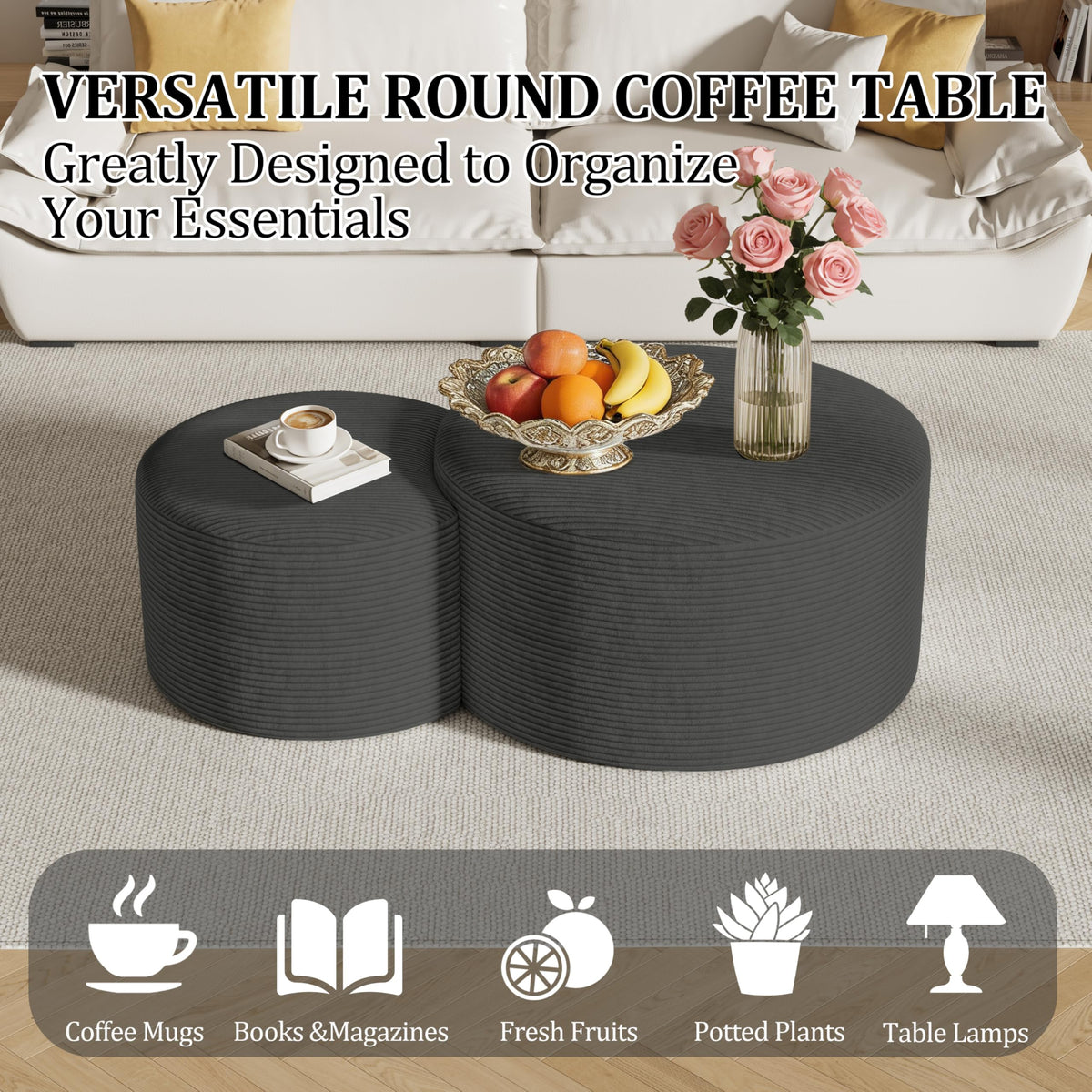 Round Nesting Coffee Table Set of 2,Upholstered Foam Ottoman Footrest Side Table Set,Modern Flannel Circle Coffee Table No Assembly for Living Room Entryway Bedroom,Black