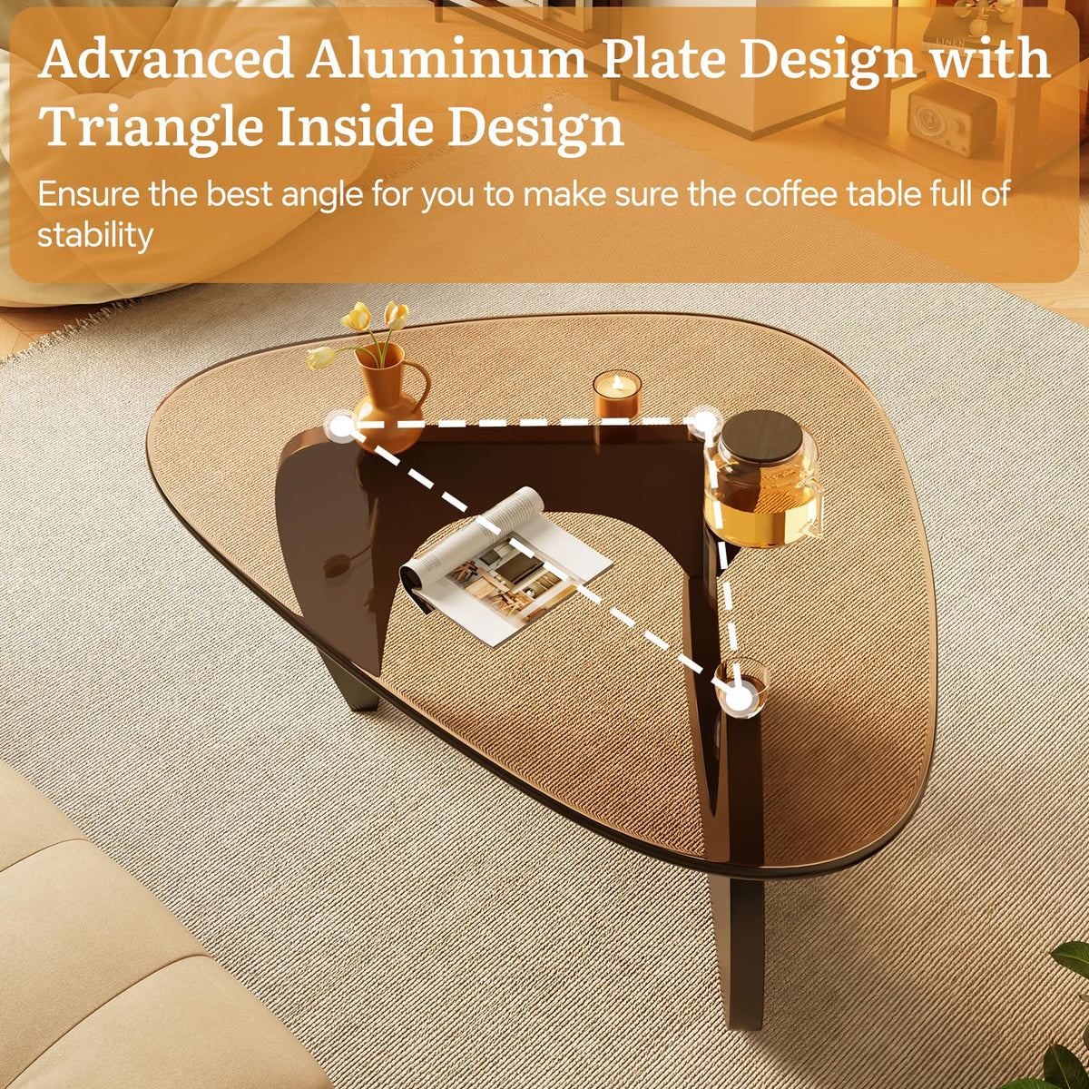 Coffee Tables Glass Small Farmhouse Coffee Table Mid-Century Modern Wood Center Table for Living Room, Walnut Transparent, 32 Inch