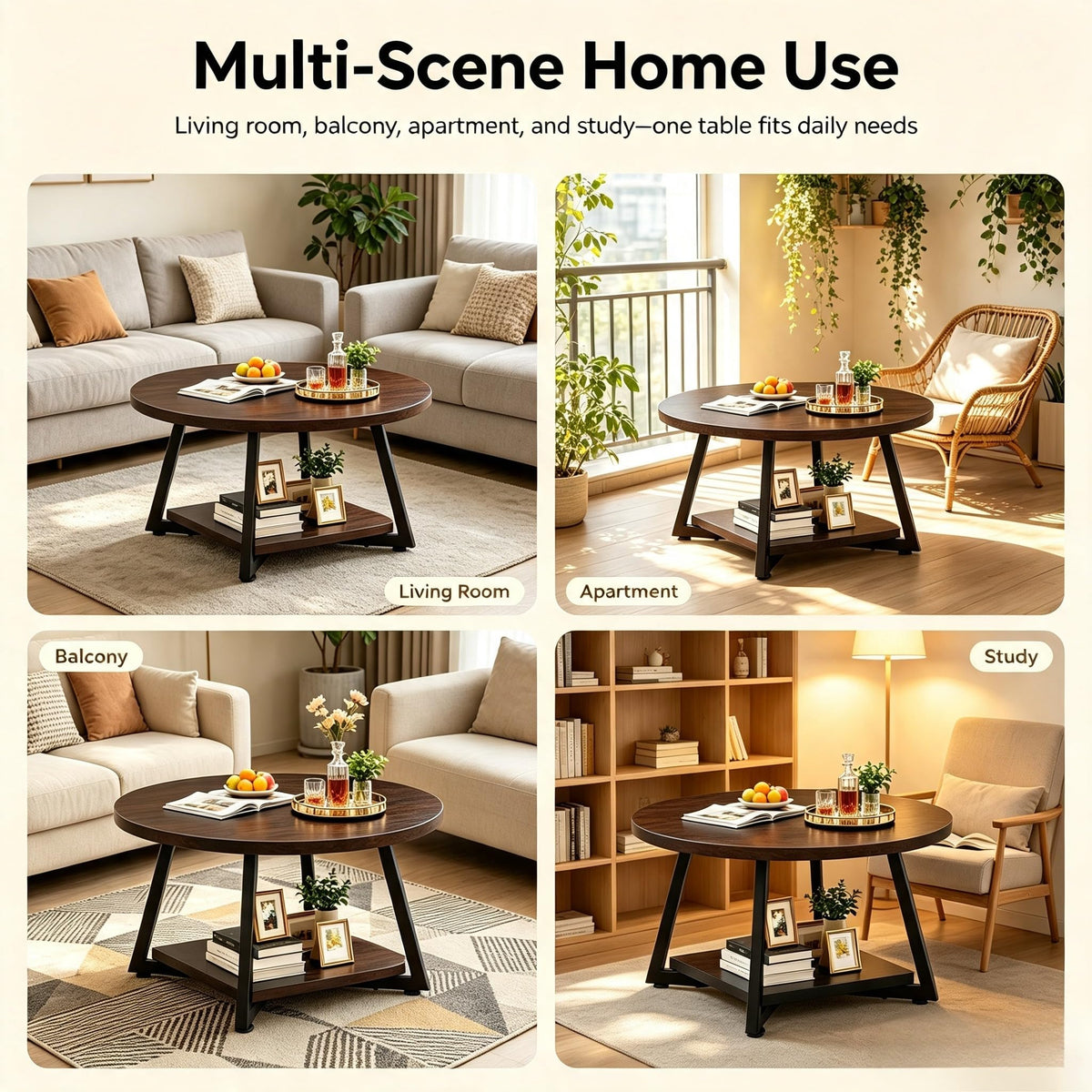 Coffee Tables for Living Room, 27.6" Round Coffee Table, Black Coffee Table