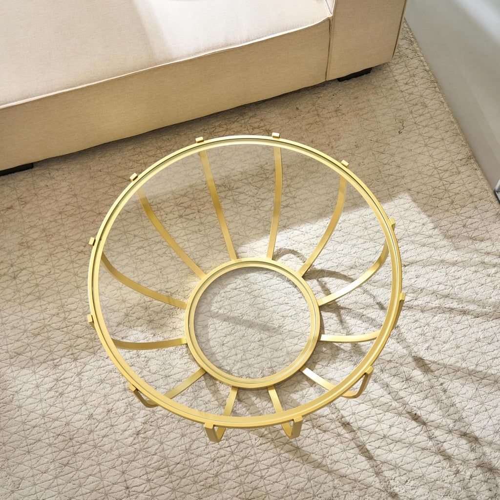 Saint Mossi Gold Round Coffee Table with Clear Glass Top and Glass Shelf