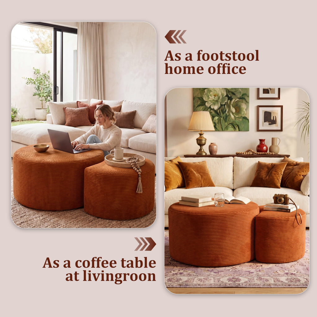 BSHOMGI Nesting Coffee Table Set of 2,Corduroy Ottoman Soft Foot Rest Movable LargePouf Footstool for Living Room Sofa Couch Bedroom Entryway and Small Spaces No Assembly (Blue, 32"+17")