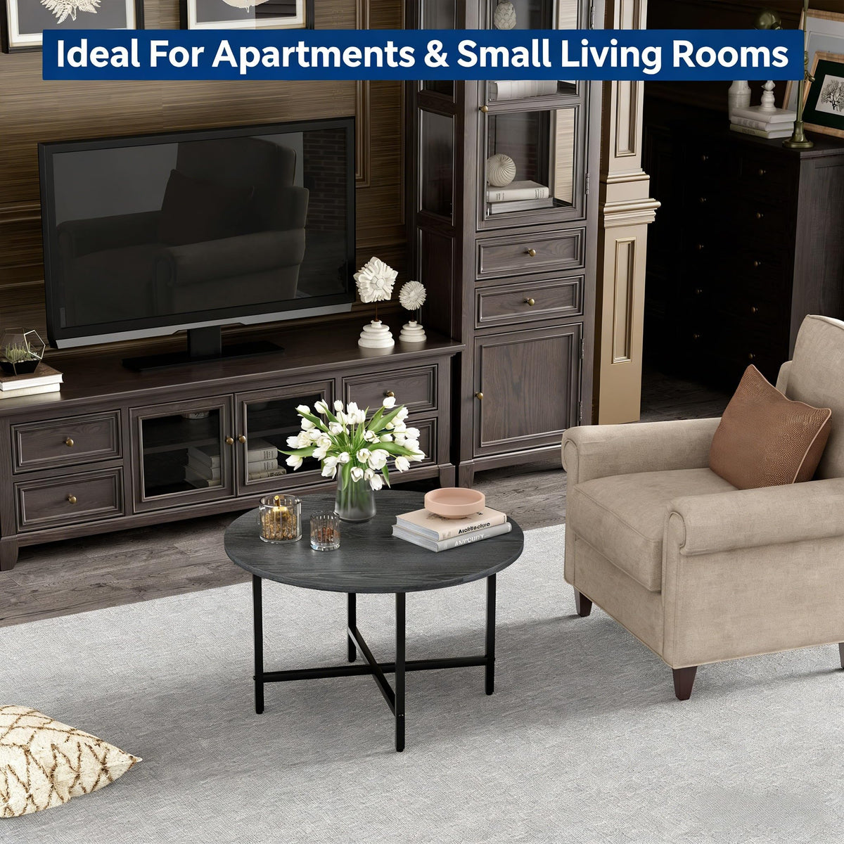 Coffee Tables for Living Room, 27.6" Round Coffee Table, Black Coffee Table