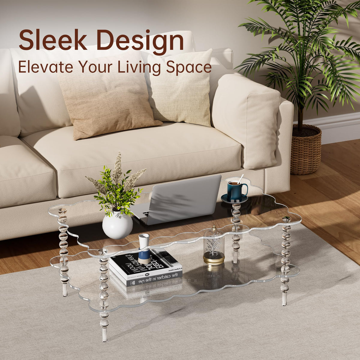 Acrylic Coffee Table, 2-Tier Living Room Table with Storage, Center Table Mid-Modern Century for Living Room, Easy to Assemble (Green, 37.8âÃ23.6âÃ15.7â)