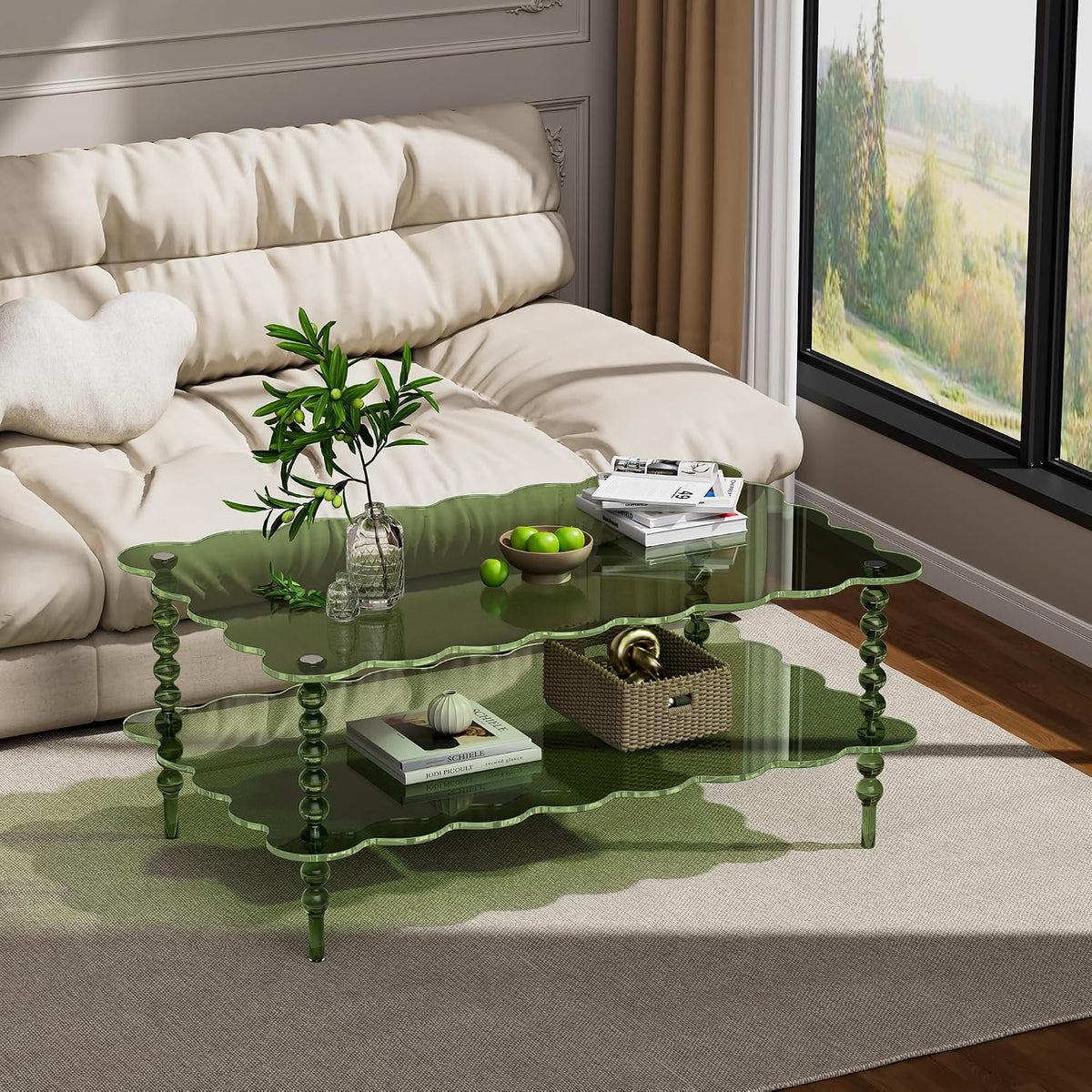 Acrylic Coffee Table, 2-Tier Living Room Table with Storage, Center Table Mid-Modern Century for Living Room, Easy to Assemble (Green, 37.8âÃ23.6âÃ15.7â)