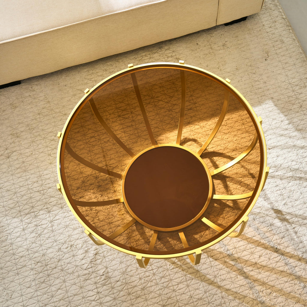 Saint Mossi Gold Round Coffee Table with Clear Glass Top and Glass Shelf
