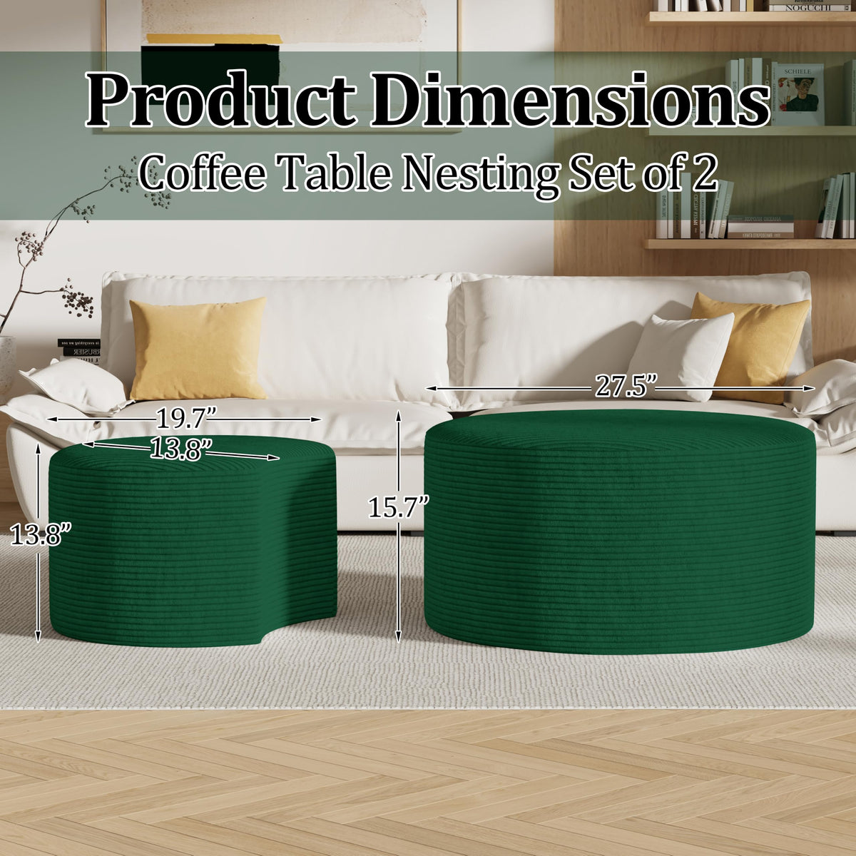 Round Nesting Coffee Table Set of 2,Upholstered Foam Ottoman Footrest Side Table Set,Modern Flannel Circle Coffee Table No Assembly for Living Room Entryway Bedroom,Black