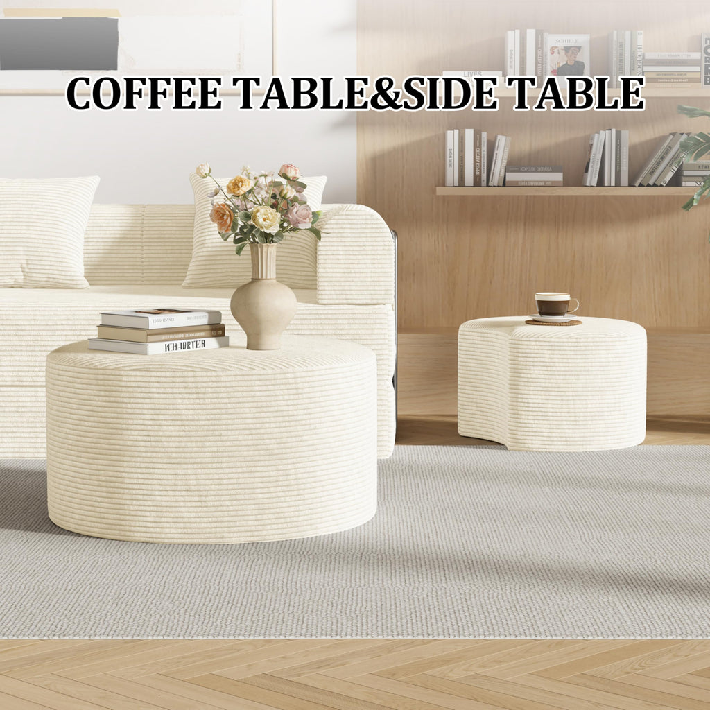 Round Nesting Coffee Table Set of 2,Upholstered Foam Ottoman Footrest Side Table Set,Modern Flannel Circle Coffee Table No Assembly for Living Room Entryway Bedroom,Black