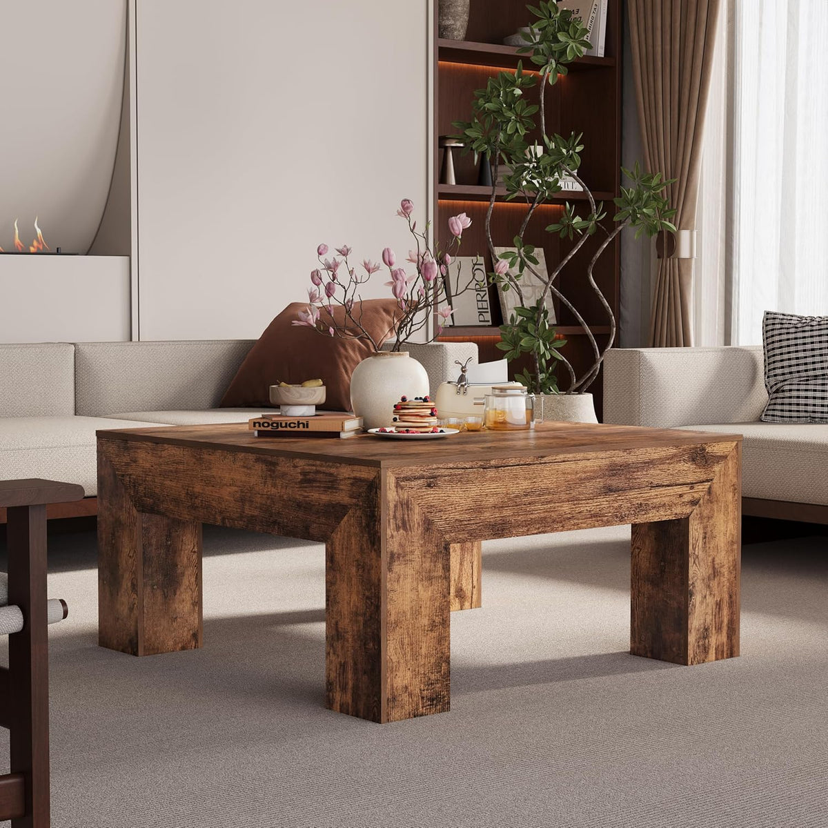 LUMTOK 35" inch Wooden Square Coffee Table for Living Room,Modern Farmhouse