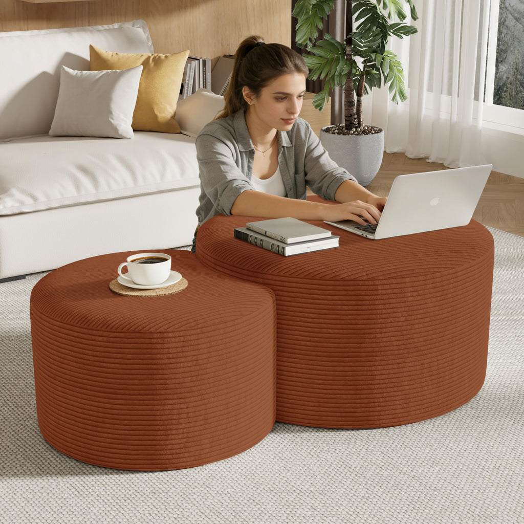 Round Nesting Coffee Table Set of 2,Upholstered Foam Ottoman Footrest Side Table Set,Modern Flannel Circle Coffee Table No Assembly for Living Room Entryway Bedroom,Black
