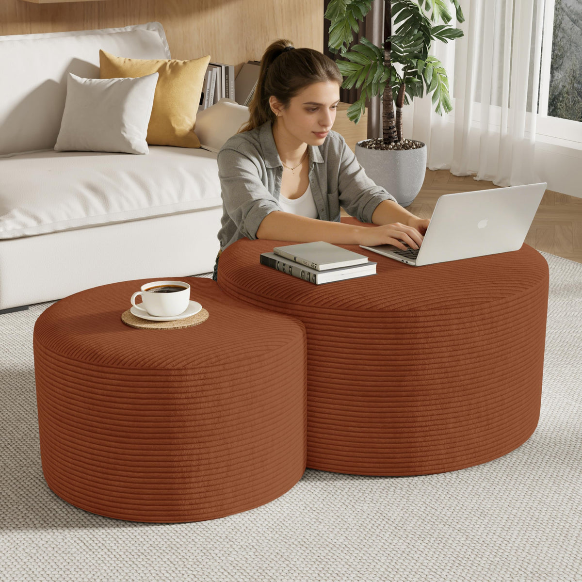 Round Nesting Coffee Table Set of 2,Upholstered Foam Ottoman Footrest Side Table Set,Modern Flannel Circle Coffee Table No Assembly for Living Room Entryway Bedroom,Black