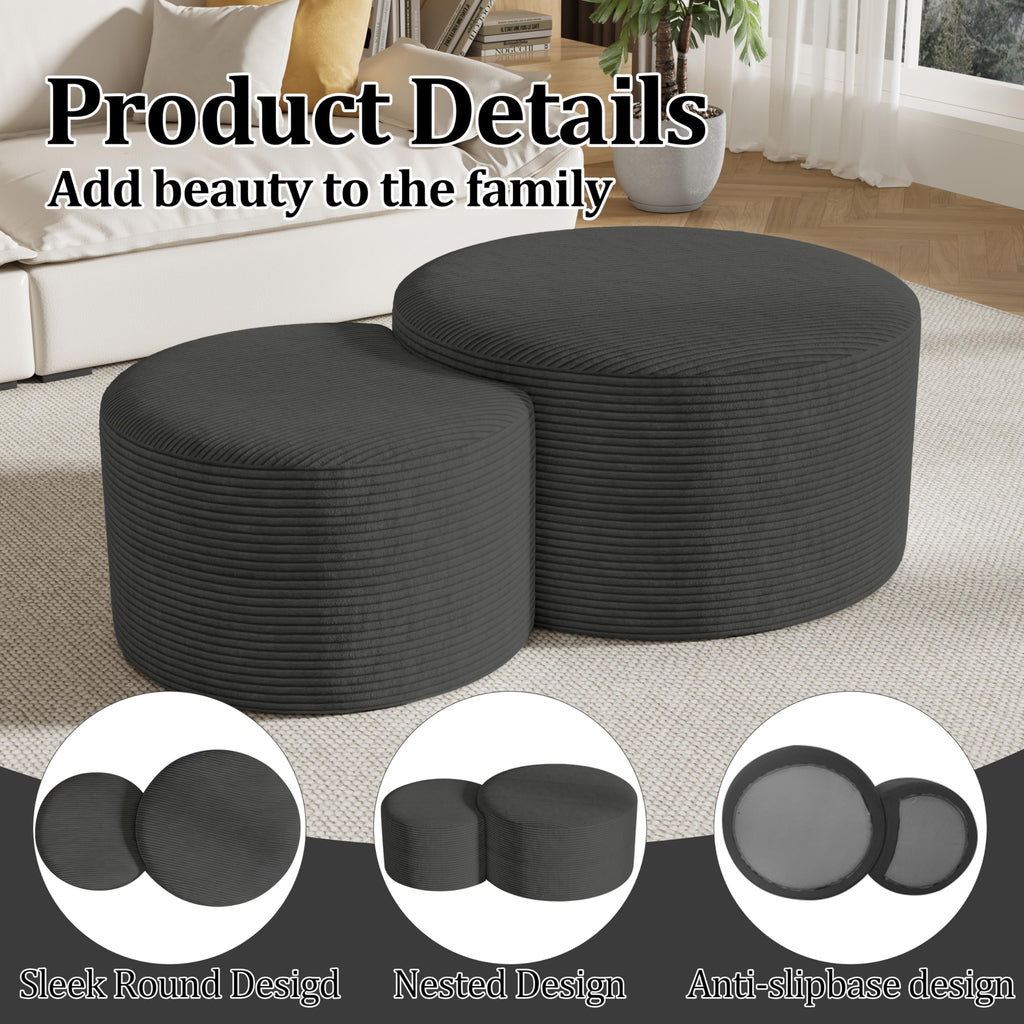 Round Nesting Coffee Table Set of 2,Upholstered Foam Ottoman Footrest Side Table Set,Modern Flannel Circle Coffee Table No Assembly for Living Room Entryway Bedroom,Black