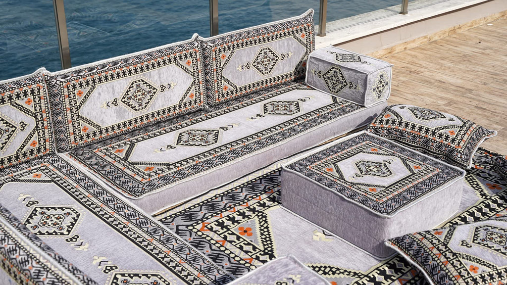 Gray L Shaped Pallet Cushions, Arabic Floor Sofa Set, Oriental Floor Seating, Sectional Floor Cushion, Indoor Floor Pillows, Arabic Majlis Set, Sofa Bed (U Sofa + Rug + Ottoman, 8'' Thickness (20 cm))