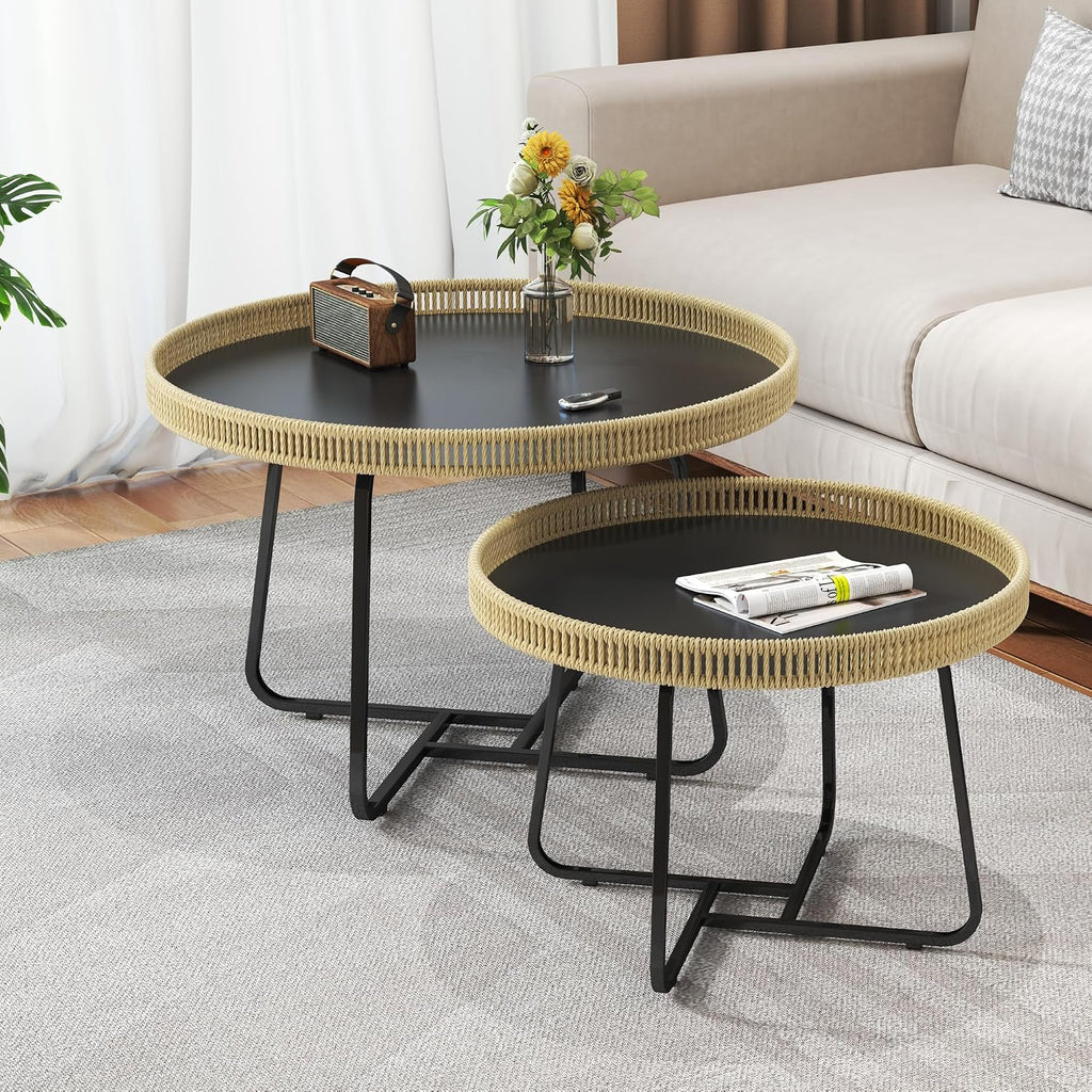 Round Nesting Coffee Table Set of 2, 27.6"+19.7" Nesting Side Tables with Woven Edge and Metal Frame, Modern Circle End Tables for Living Room Bedroom Office Balcony Yard Patio Indoor Outdoor