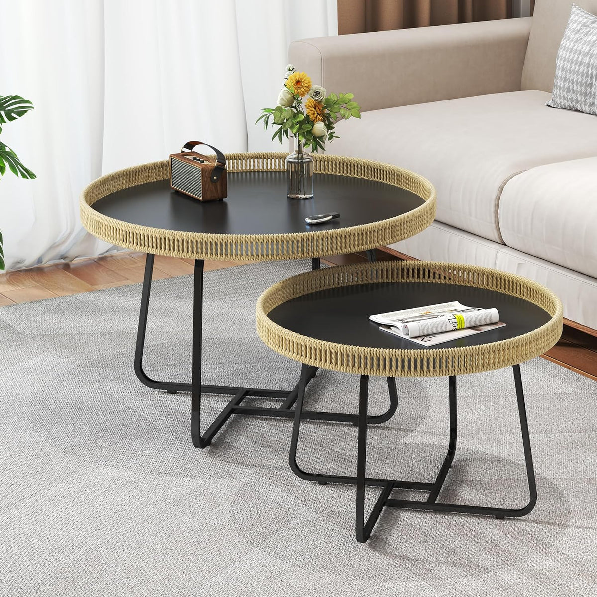 Round Nesting Coffee Table Set of 2, 27.6"+19.7" Nesting Side Tables with Woven Edge and Metal Frame, Modern Circle End Tables for Living Room Bedroom Office Balcony Yard Patio Indoor Outdoor