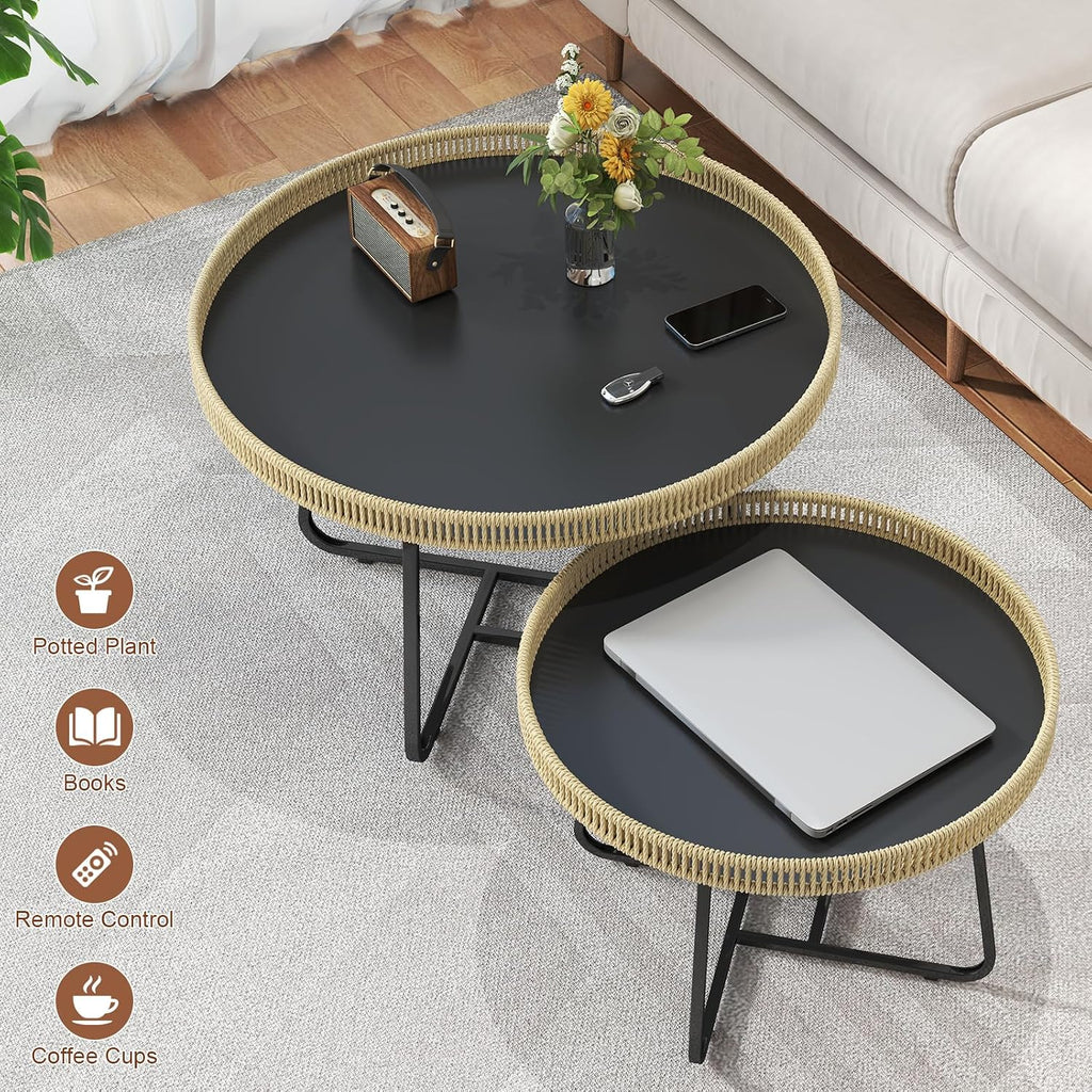 Round Nesting Coffee Table Set of 2, 27.6"+19.7" Nesting Side Tables with Woven Edge and Metal Frame, Modern Circle End Tables for Living Room Bedroom Office Balcony Yard Patio Indoor Outdoor