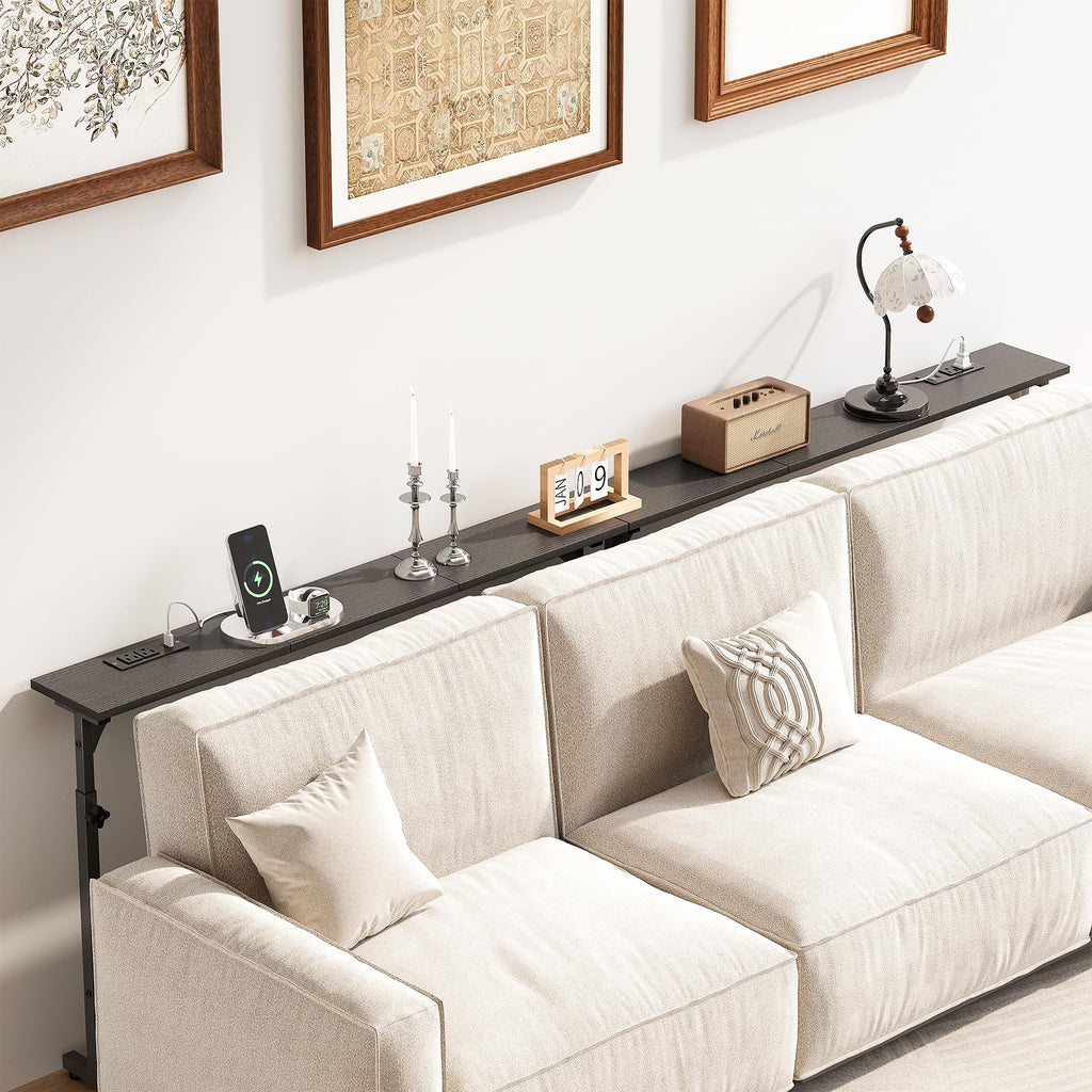 106"-157" Adjustable Length Behind Couch Sofa Table with 3 Power Outlets