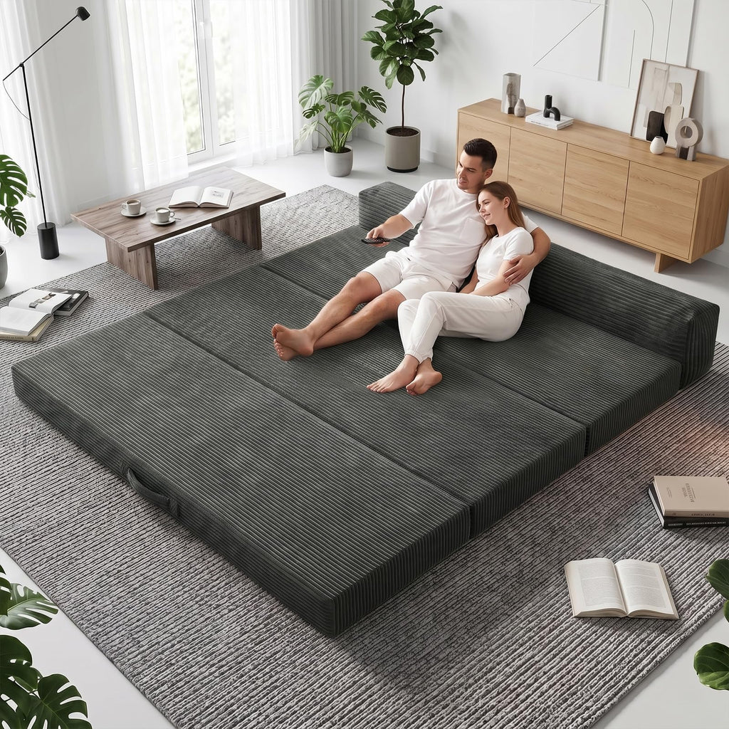 JUIKURY 6 Inch Tri-Fold Memory Foam Mattress Queen Size, 5 in 1 Convertible Sofa Bed, Foldable Floor Futon Sleeper Couch with Washable Cover & High-Density Foam, Portable Guest Bed for Living Room