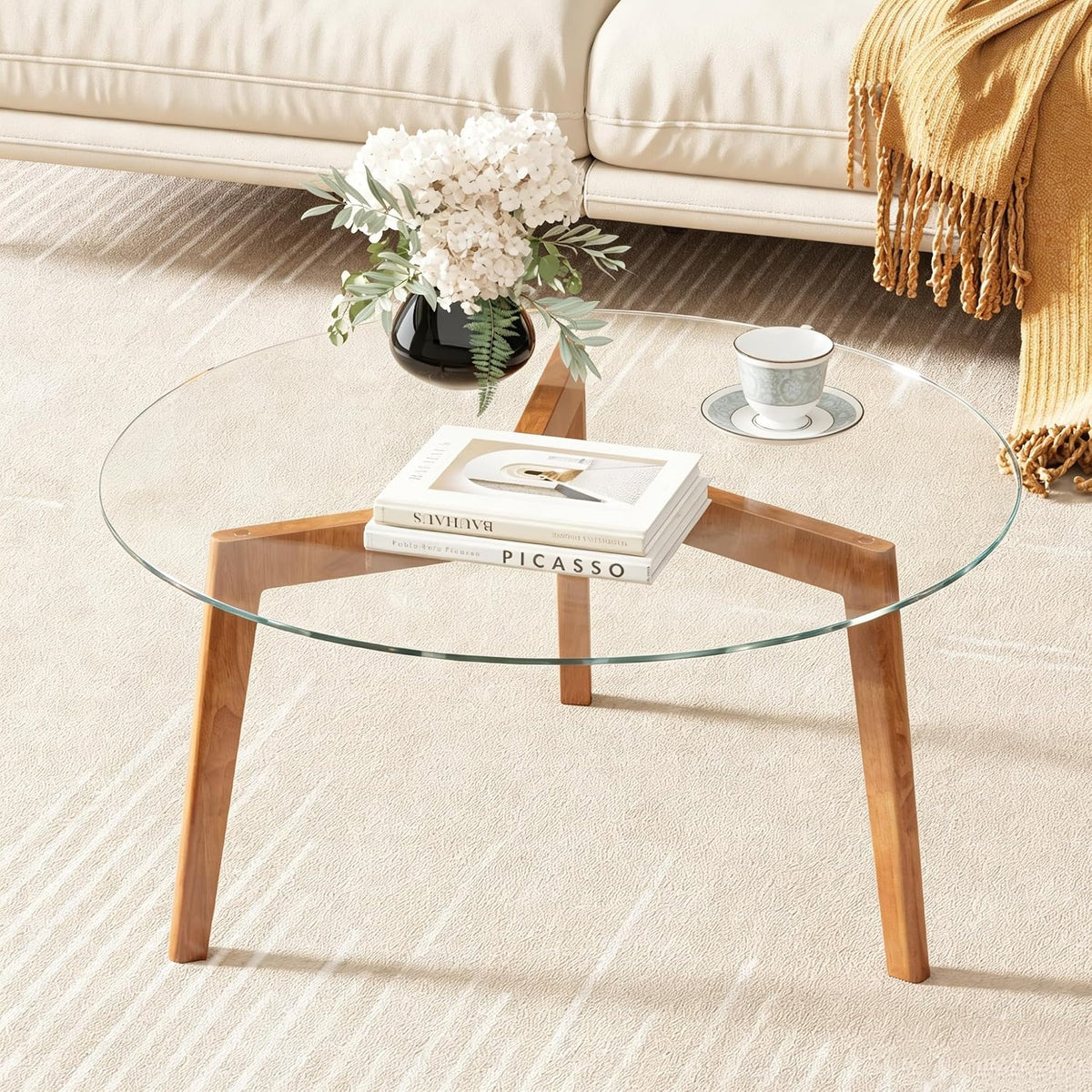 Glass Coffee Table, Small Round Coffee Tables with Solid Wood Legs, Mid Century Modern Center Table with Glass Top for Small Spaces, Living Room, 31.5x31.5x15.4