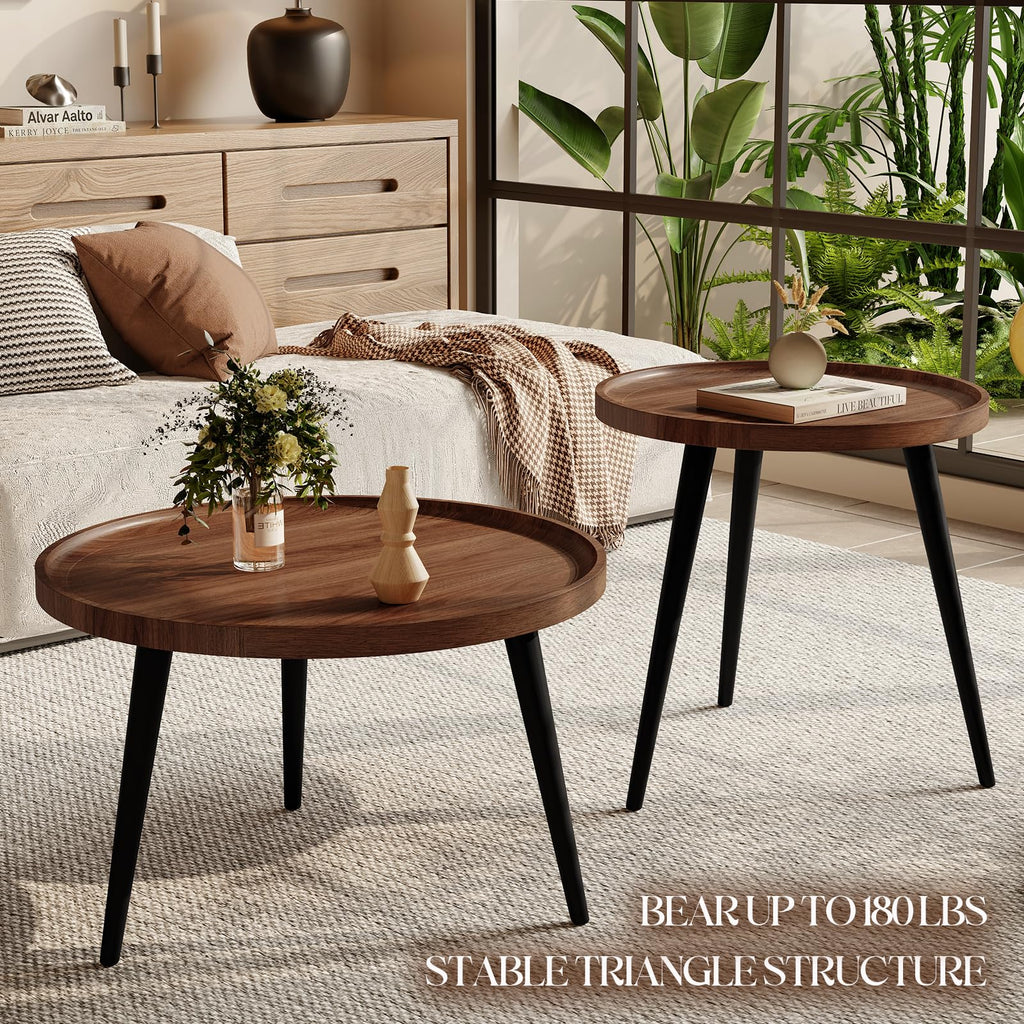 2 Pcs Small Oval Coffee Table,31.5" Retro Walnut Coffee Tables Nesting Tables Set,Easy Assembly Mid Century Modern Coffee Tables for Living Room Office,Coffee Table and End Table Sets