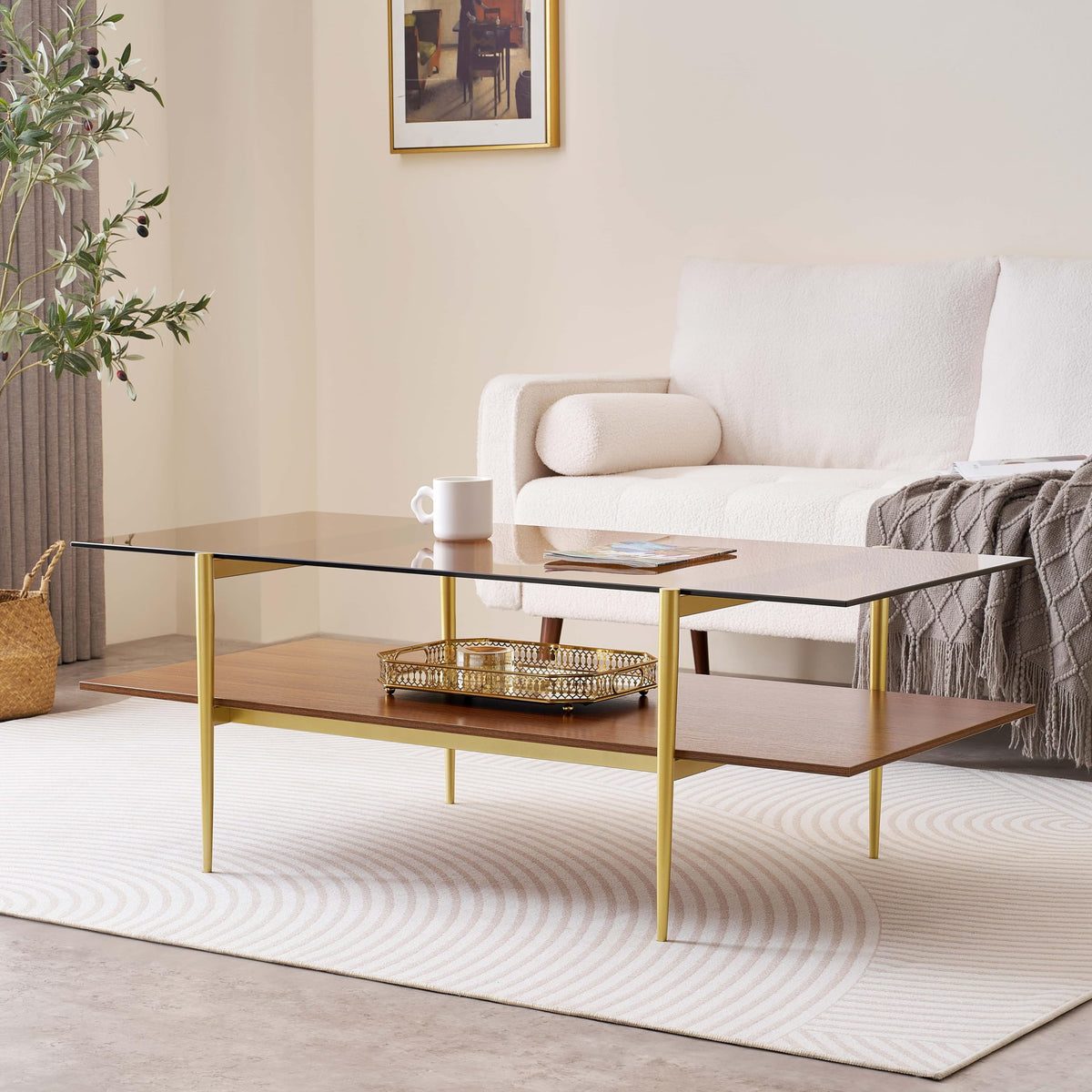 LumFurn Round Coffee Table for Living Room, Mid-Century Modern Design, D30 x H17, 2-Tier Structure, Grey Glass Top and Black Marble Finish Wood Shelf, Sleek Conical Metal Legs with Gold Finish Frame