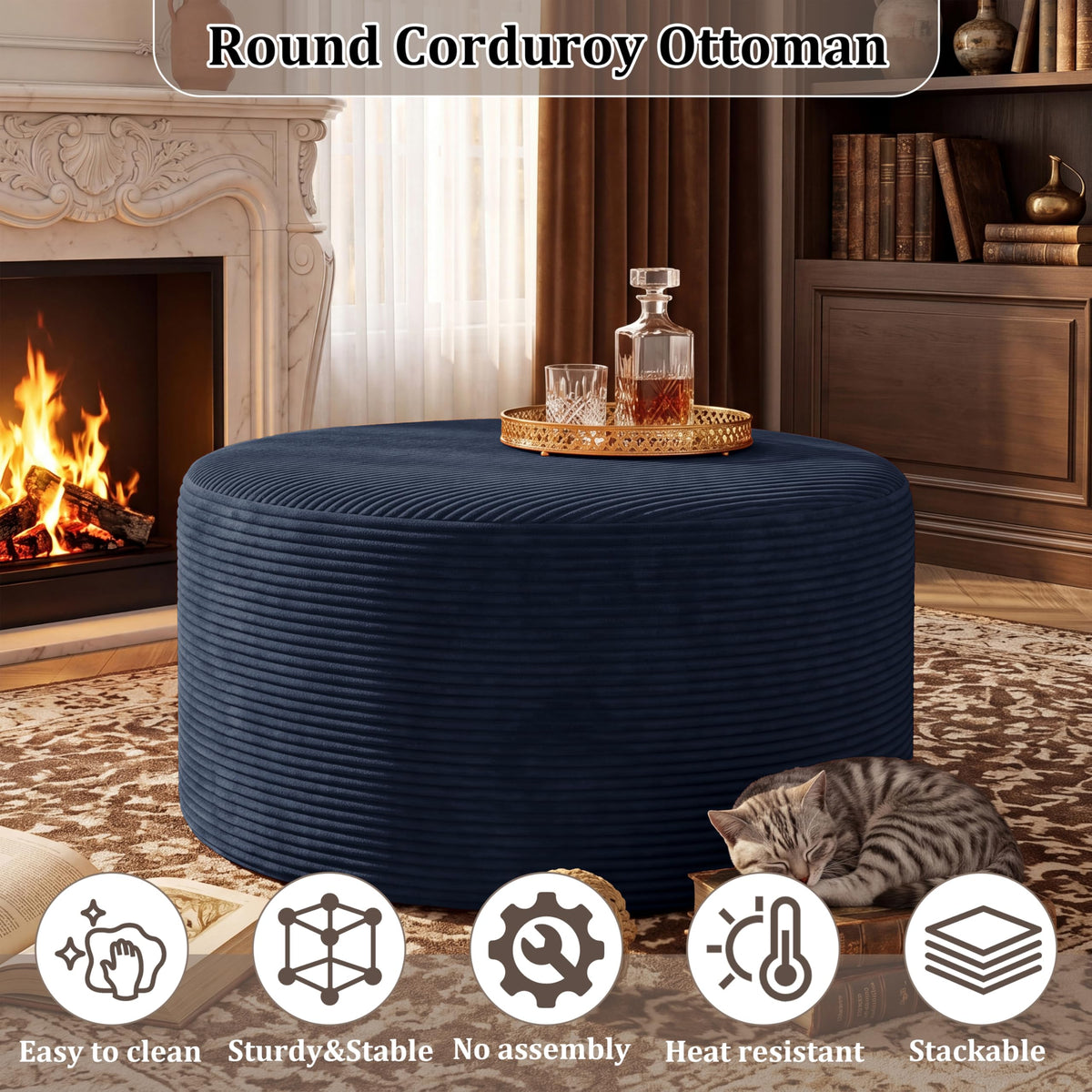 BSHOMGI Nesting Coffee Table Set of 2,Corduroy Ottoman Soft Foot Rest Movable LargePouf Footstool for Living Room Sofa Couch Bedroom Entryway and Small Spaces No Assembly (Blue, 32"+17")
