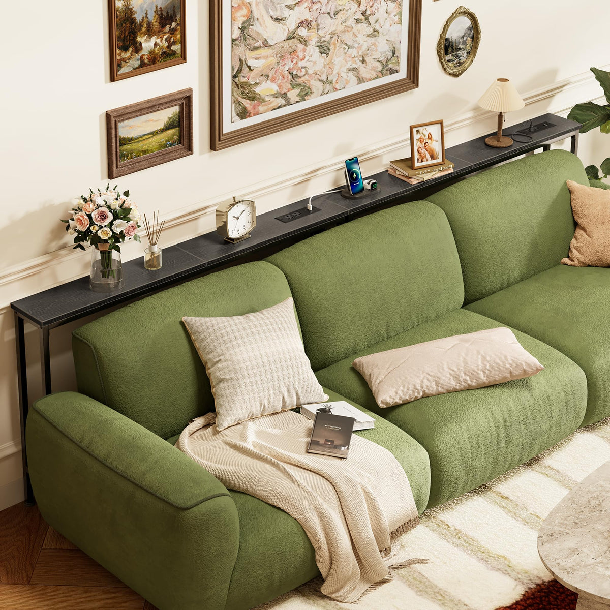 SUPERJARE 110.2 inch Narrow Behind Couch Table with Charging Stations