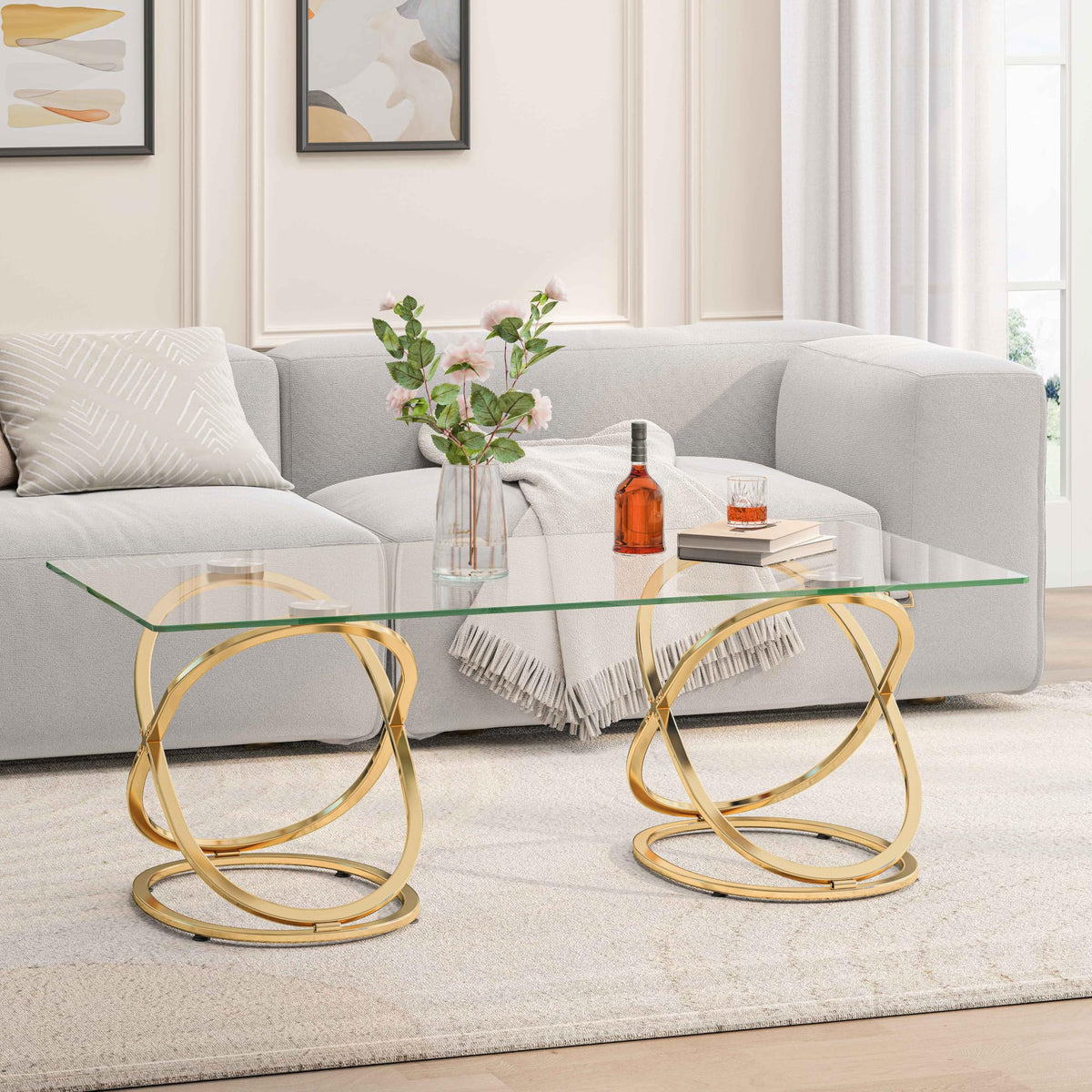 32" Tempered Glass Round Coffee Table Modern Chrome Frame Acrylic Legs Circle Living Room Center Tables