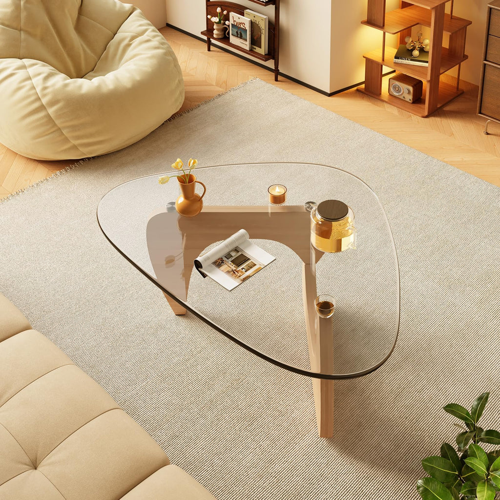 Coffee Tables Glass Small Farmhouse Coffee Table Mid-Century Modern Wood Center Table for Living Room, Walnut Transparent, 32 Inch
