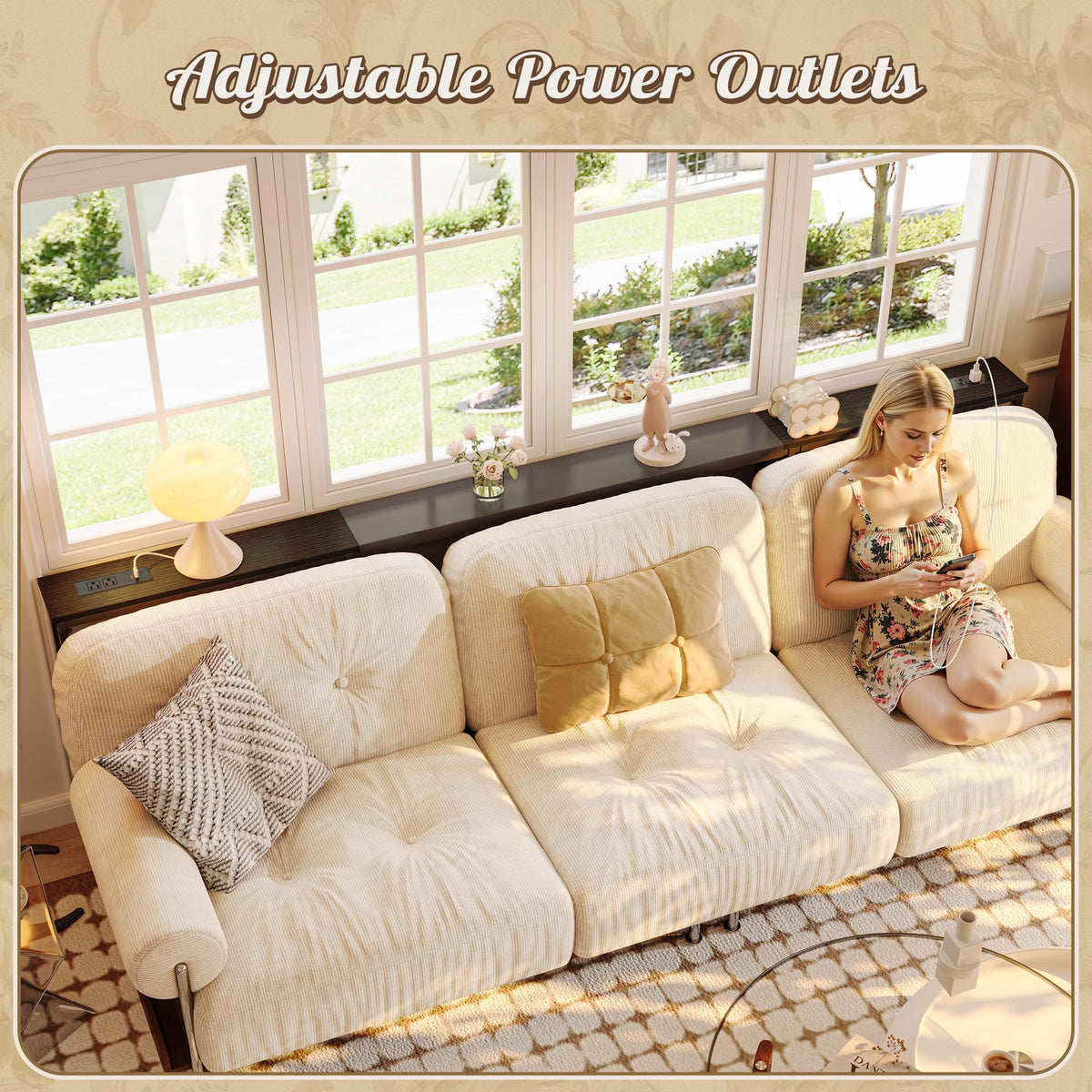 Huuger Narrow Sofa Table with 2 Power Outlets, 110.2-133.8 Inch Adjustable Length, Behind the Couch Table with USB-C Port, Long Entryway Console Table, Anti-tip Kit, for Living Room, Rustic Brown