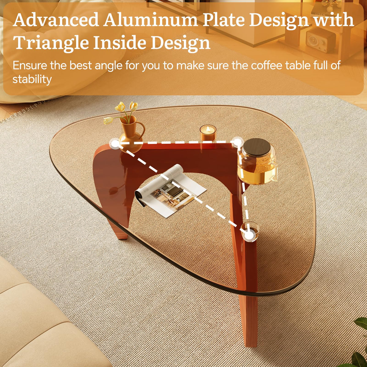 Coffee Tables Glass Small Farmhouse Coffee Table Mid-Century Modern Wood Center Table for Living Room, Walnut Transparent, 32 Inch