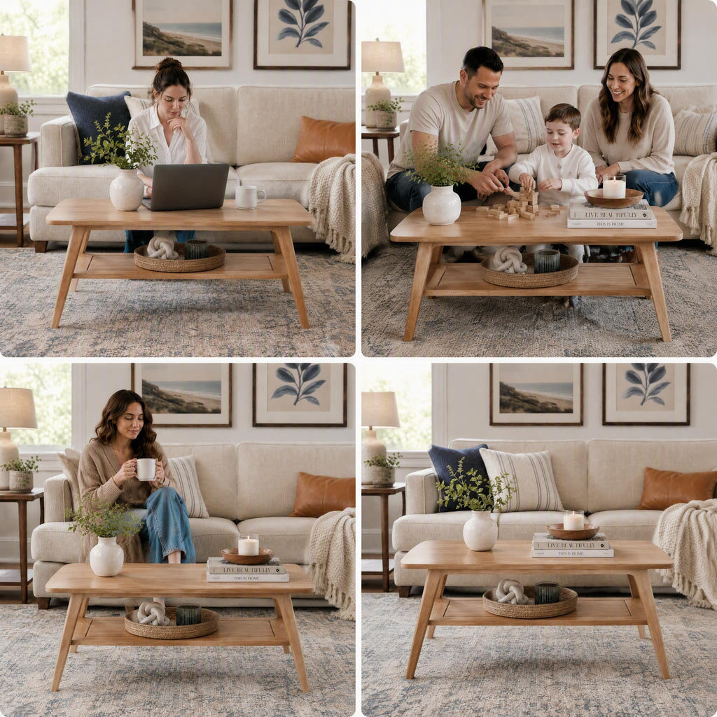 100% Solid Oak Coffee Table with Storage Shelf, 31.49" W