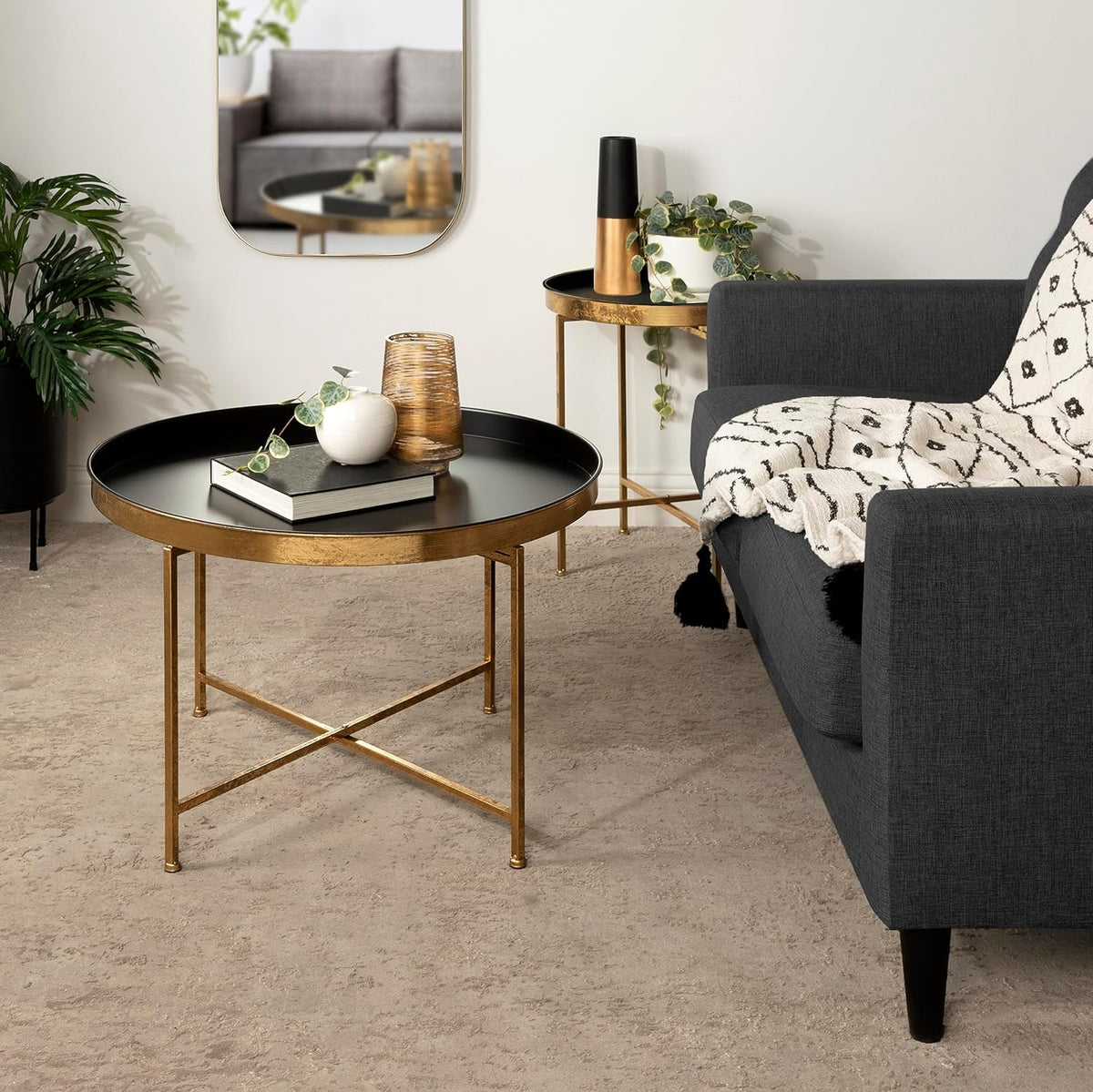Kate and Laurel Celia Modern Round Coffee Table; 28 x 28 x 19; Black and Gold; Coffee Table for Living Room Decor; Storage; and Display