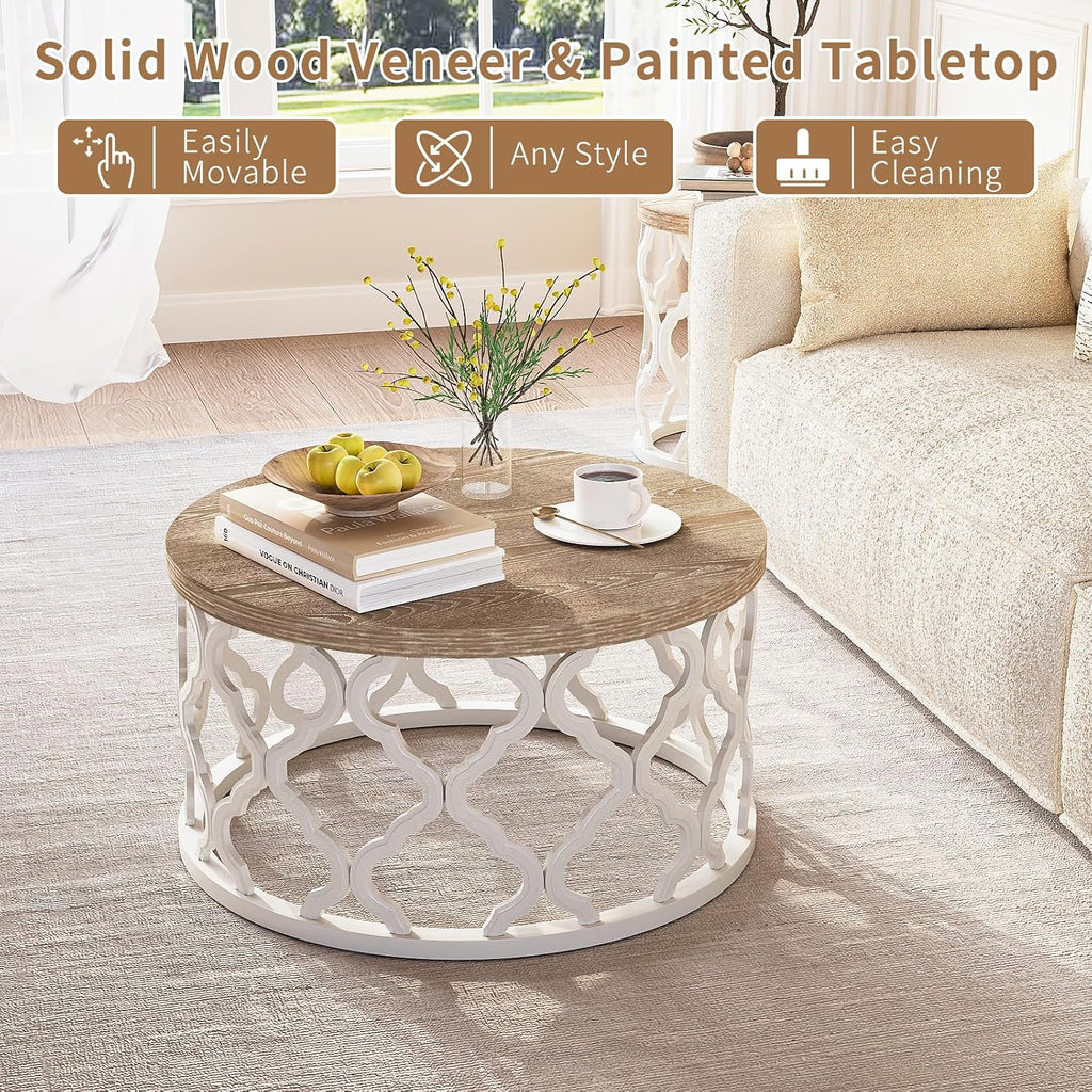 karlott Farmhouse Coffee Table, French Country Round Coffee Table, Beige