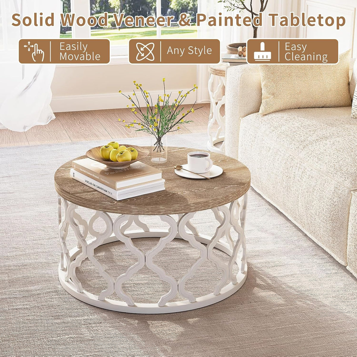 karlott Farmhouse Coffee Table, French Country Round Coffee Table, Beige