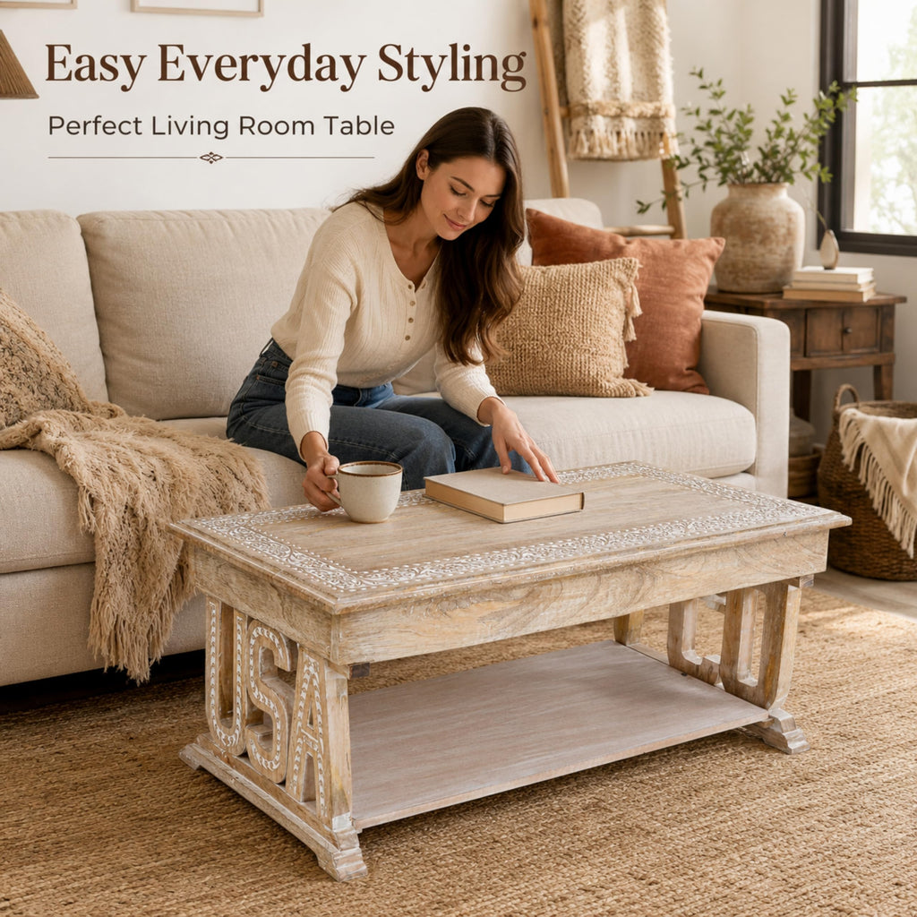 Farmhouse Coffee Table, Jali Carving, 36x24x18 in, Burnt