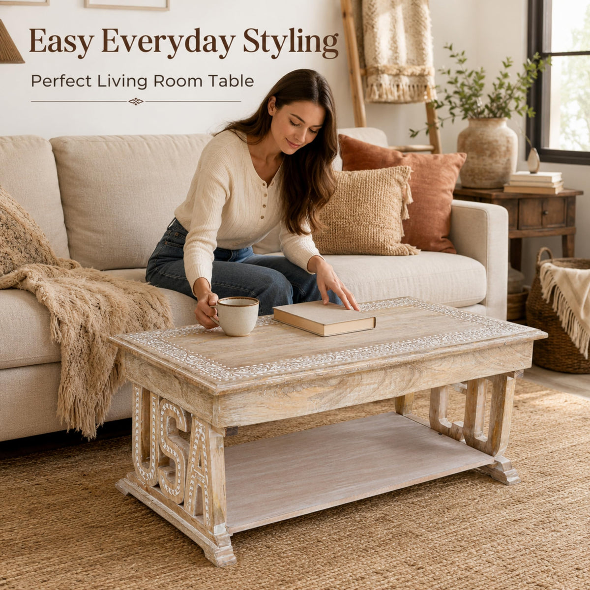 Farmhouse Coffee Table, Jali Carving, 36x24x18 in, Burnt