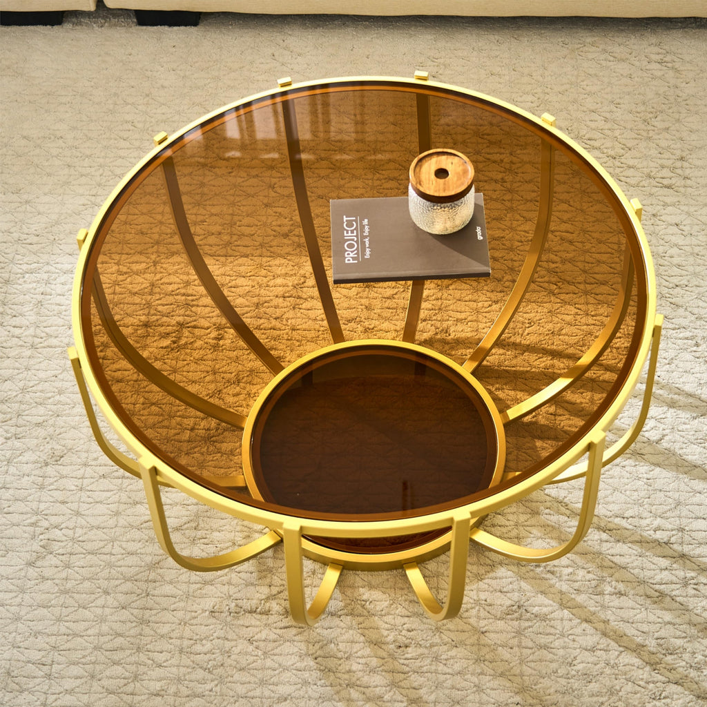 Saint Mossi Gold Round Coffee Table with Clear Glass Top and Glass Shelf