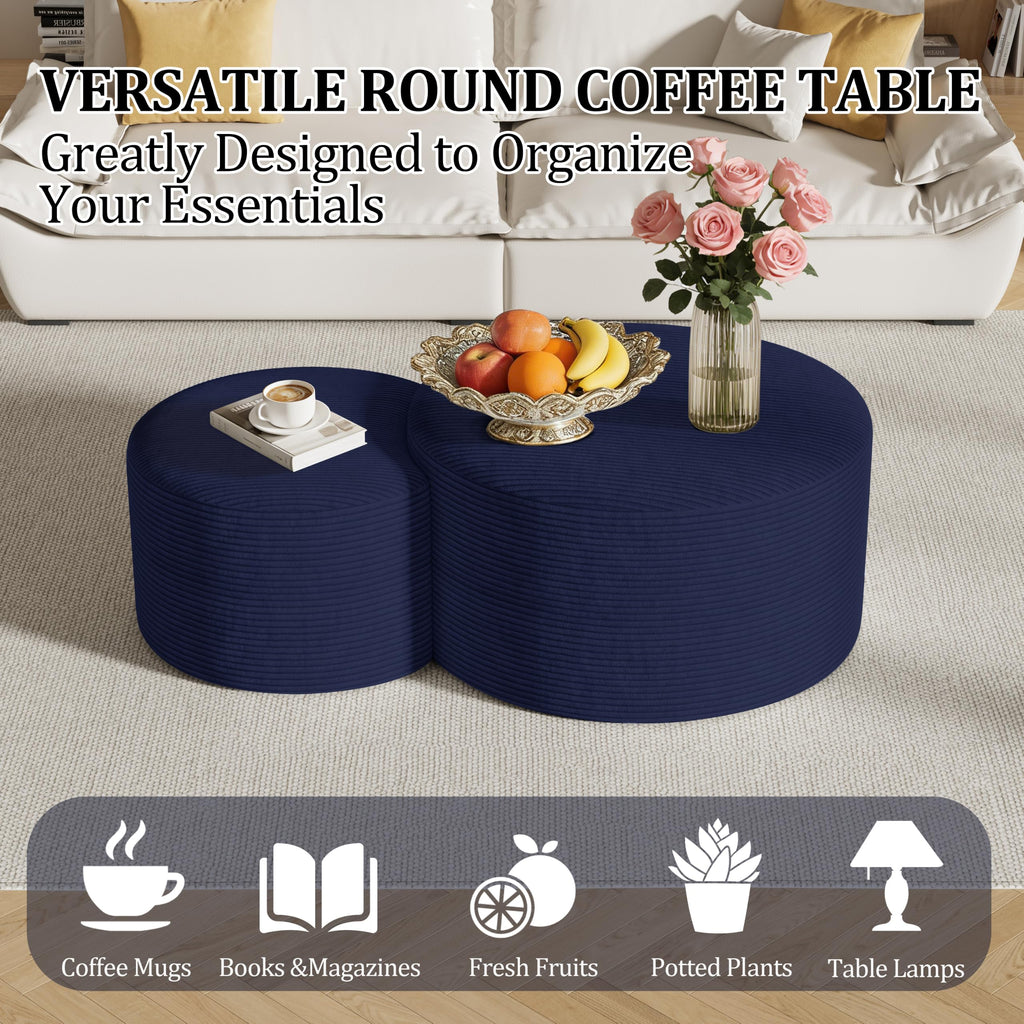 Round Nesting Coffee Table Set of 2,Upholstered Foam Ottoman Footrest Side Table Set,Modern Flannel Circle Coffee Table No Assembly for Living Room Entryway Bedroom,Black