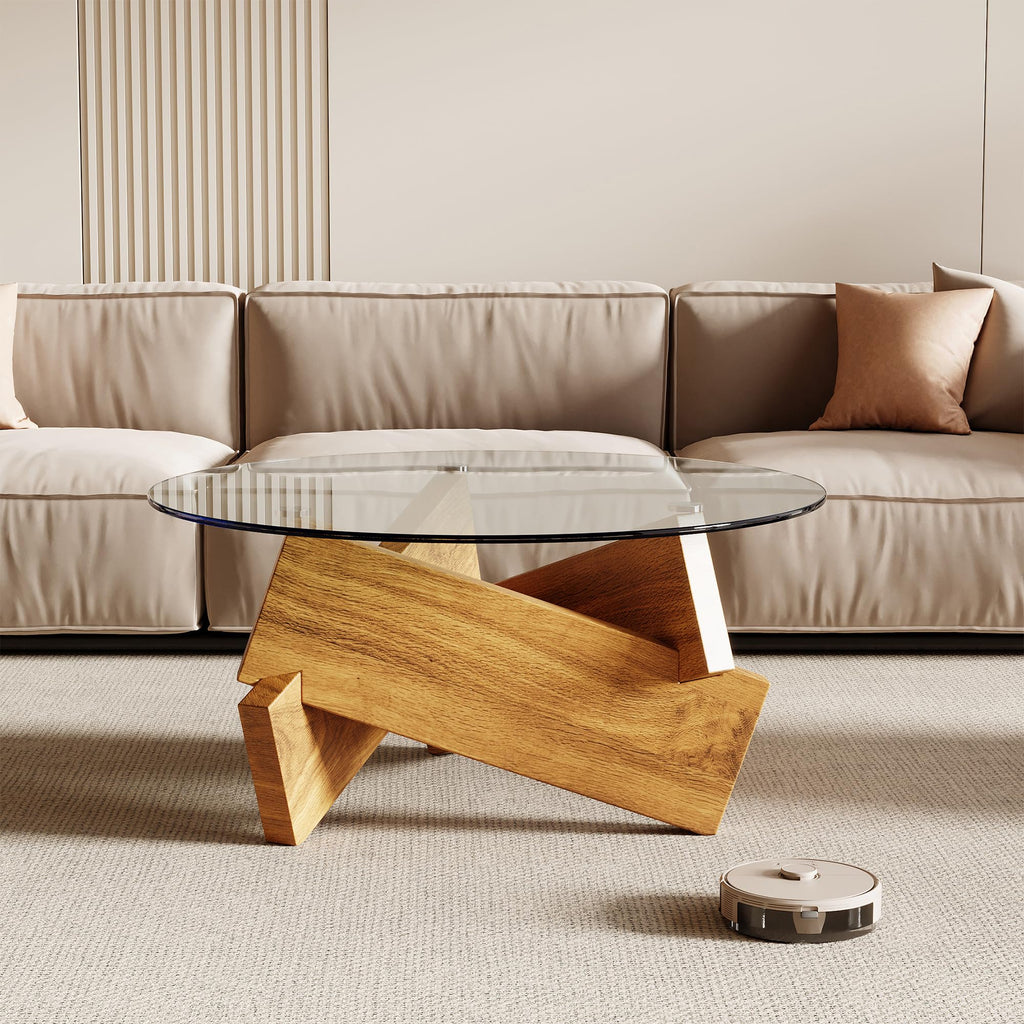 Honyee Modern Round Coffee Table, 30.7" x 30.7" x 16.1" Tempered Glass Top for Living Room, Color: Walnut