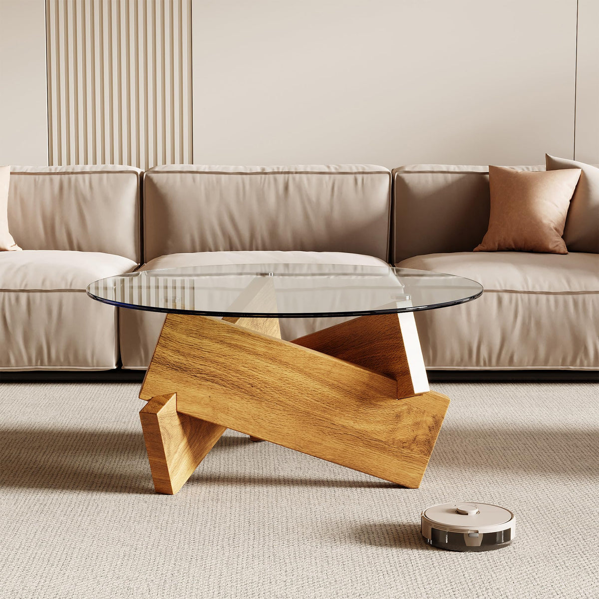 Honyee Modern Round Coffee Table, 30.7" x 30.7" x 16.1" Tempered Glass Top for Living Room, Color: Walnut