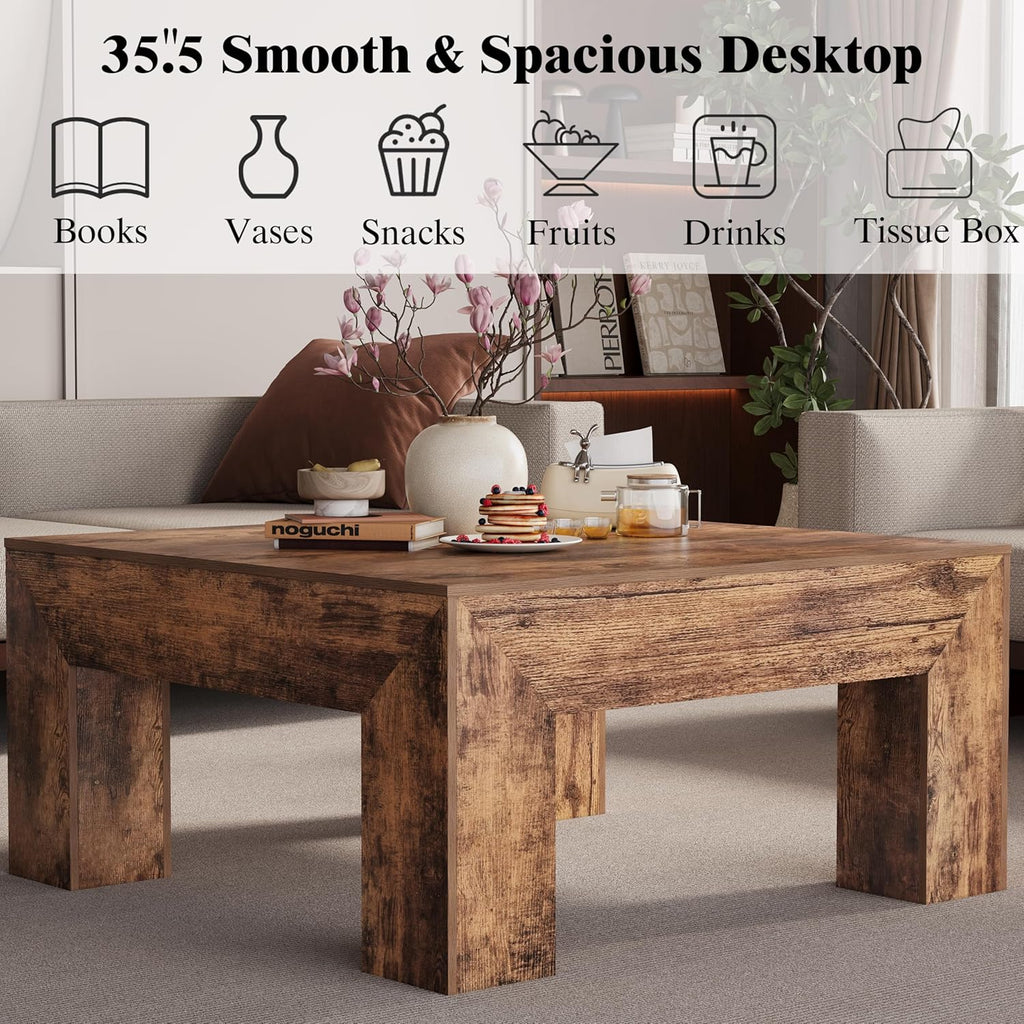 LUMTOK 35" inch Wooden Square Coffee Table for Living Room,Modern Farmhouse