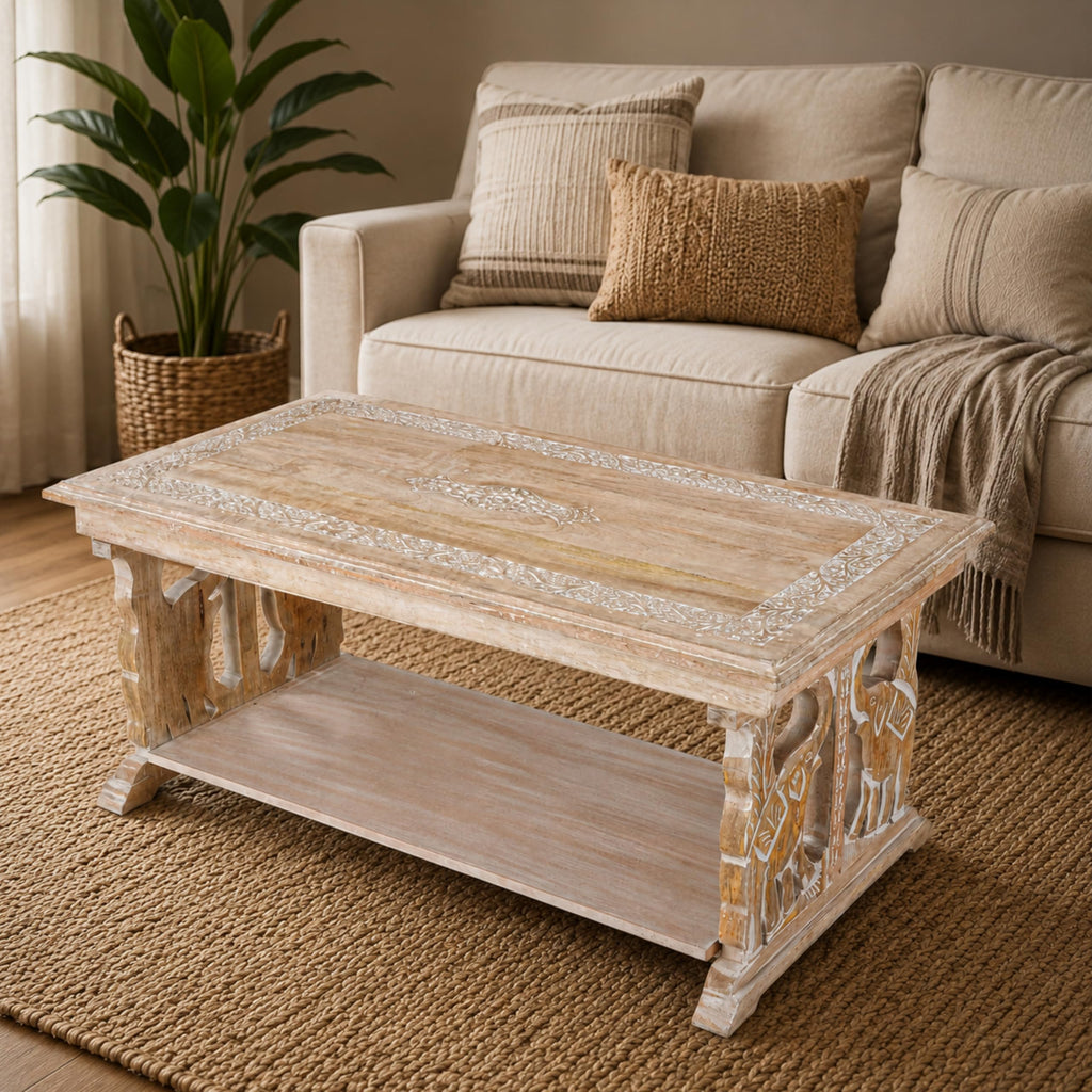 Farmhouse Coffee Table, Jali Carving, 36x24x18 in, Burnt