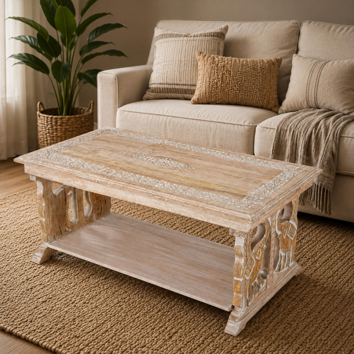 Farmhouse Coffee Table, Jali Carving, 36x24x18 in, Burnt
