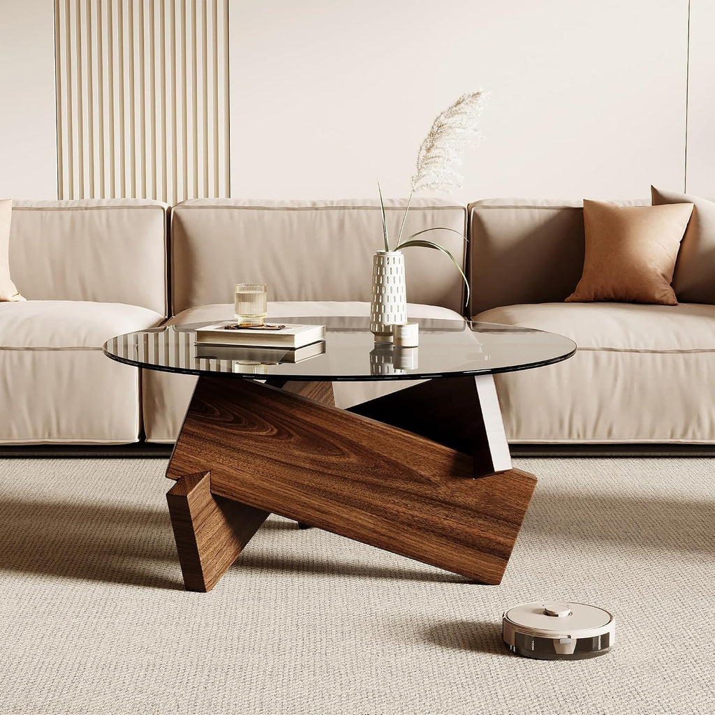 Honyee Modern Round Coffee Table, 30.7" x 30.7" x 16.1" Tempered Glass Top for Living Room, Color: Walnut